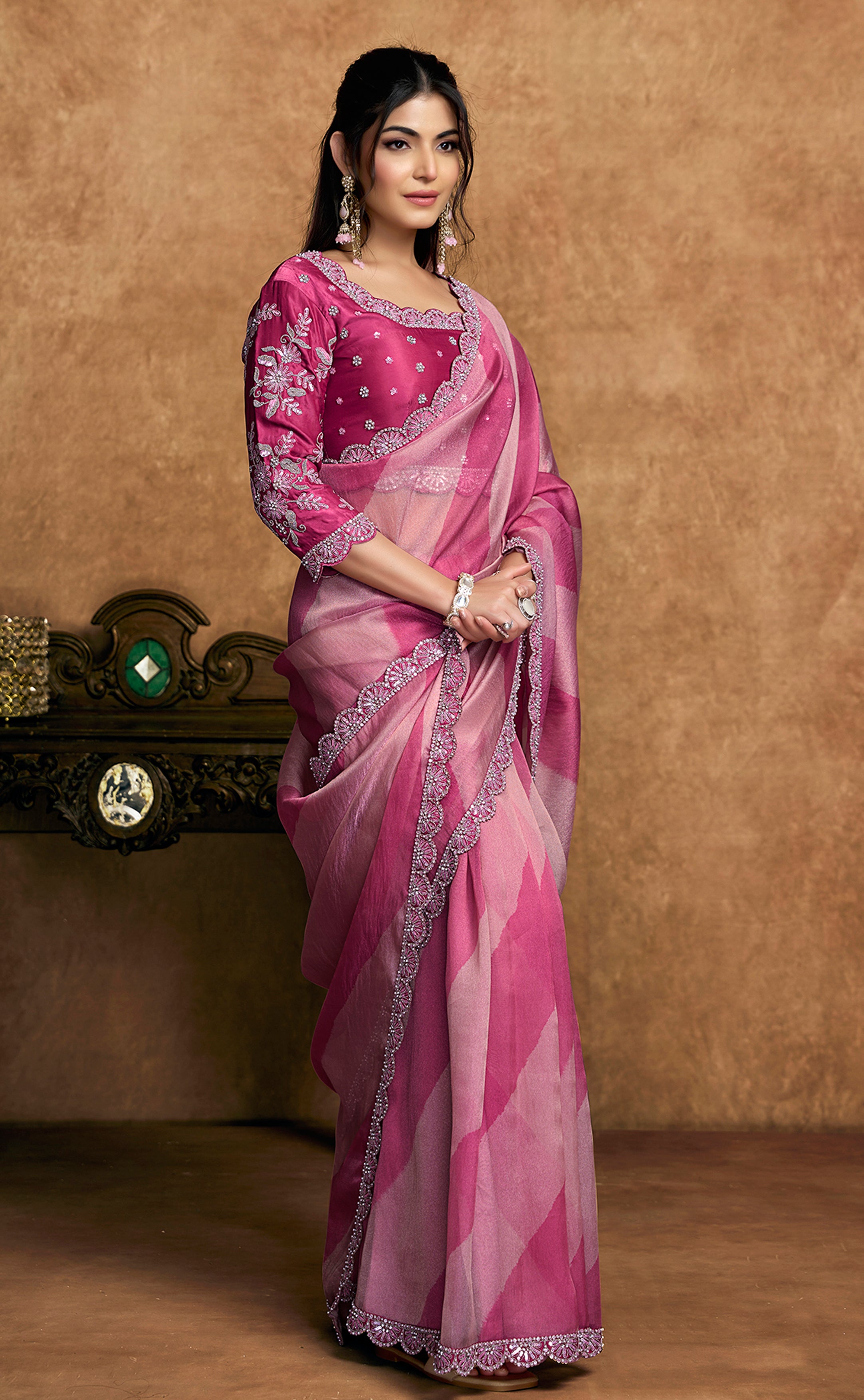 Fuchsia & Rose Pink Embellished Shimmer Saree