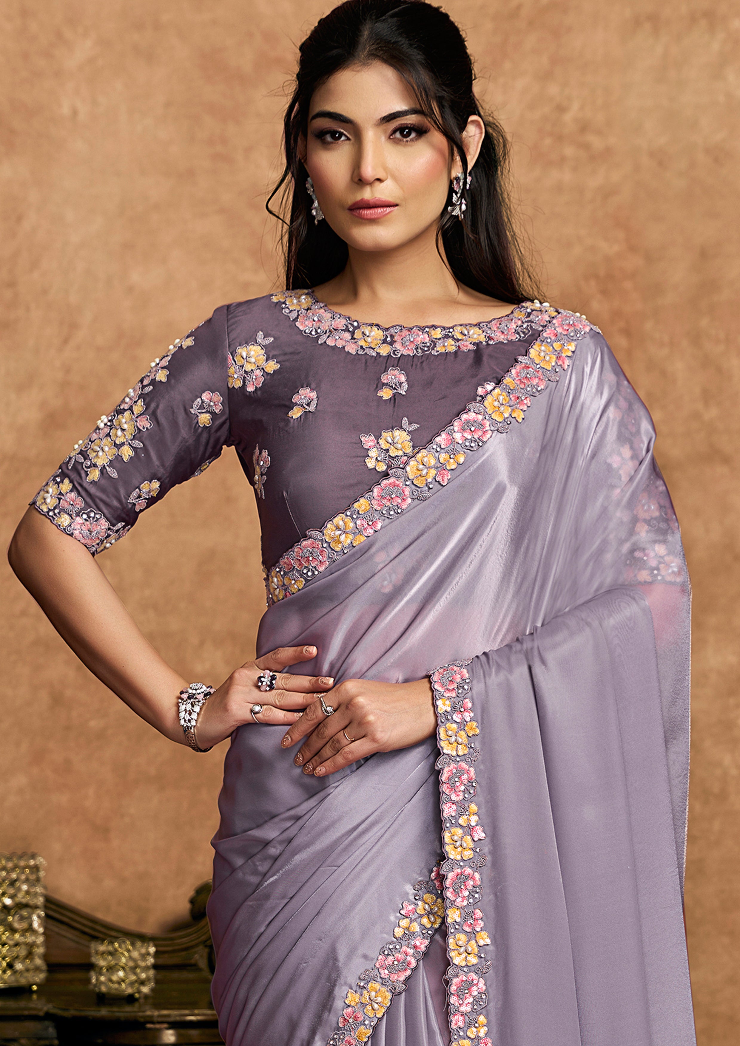 Dusty Lavender Embellished Crepe Silk Saree