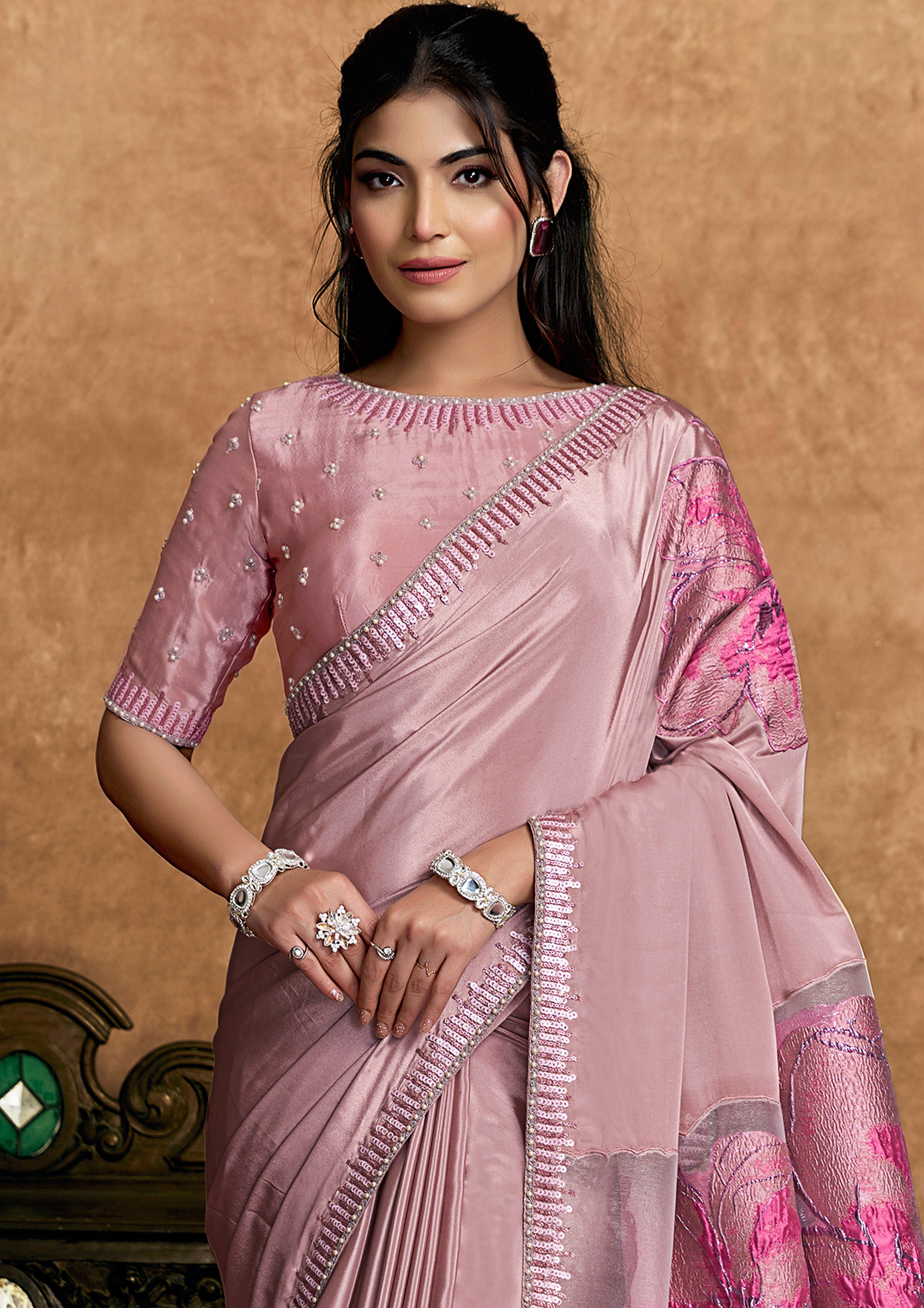Blush Pink Embellished Satin Silk Saree