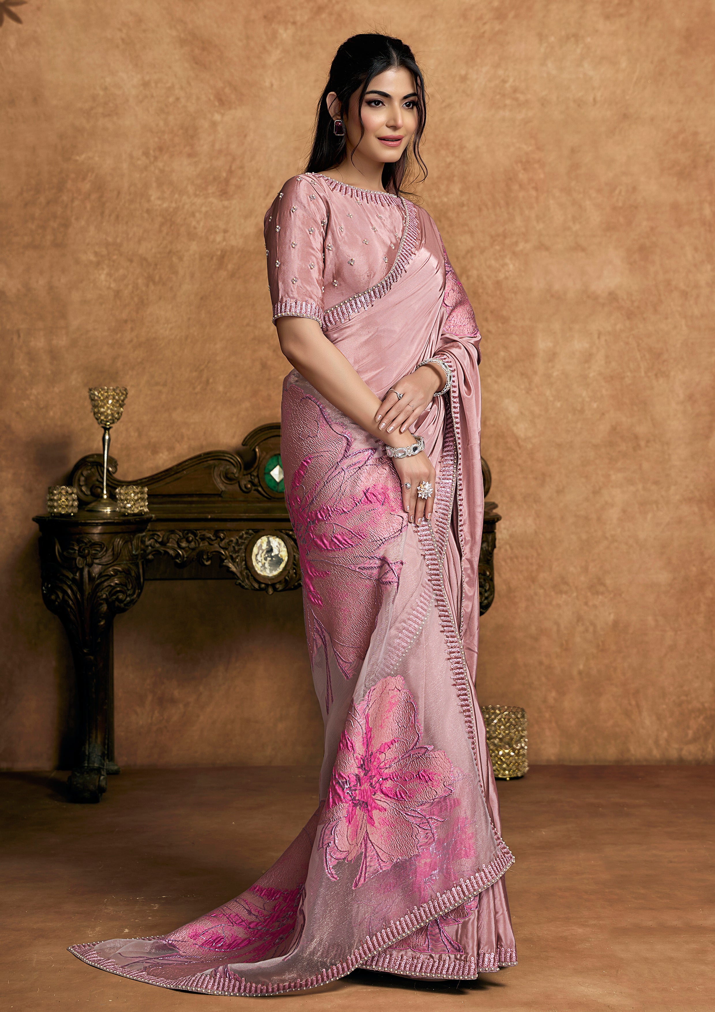 Blush Pink Embellished Satin Silk Saree