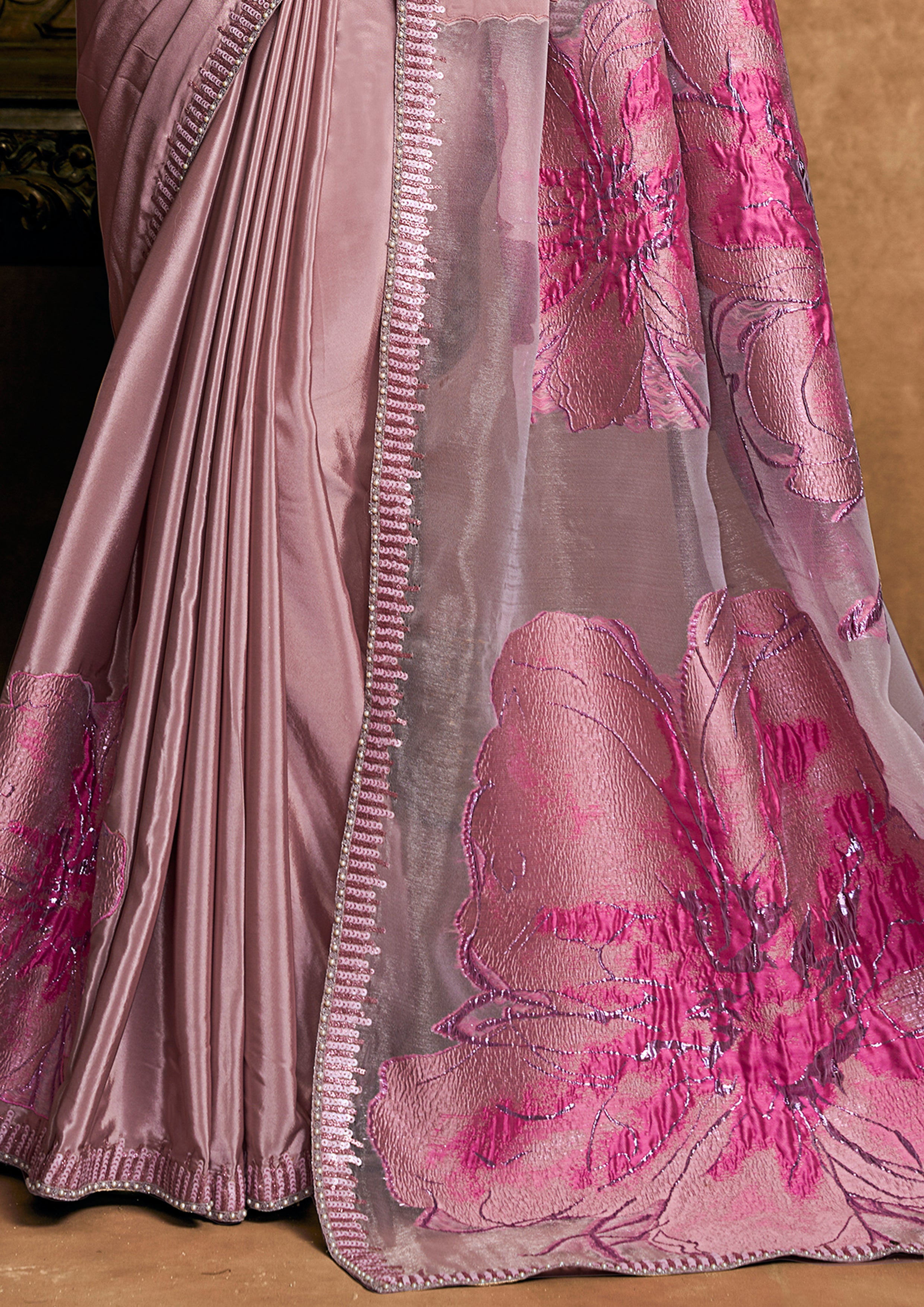 Blush Pink Embellished Satin Silk Saree