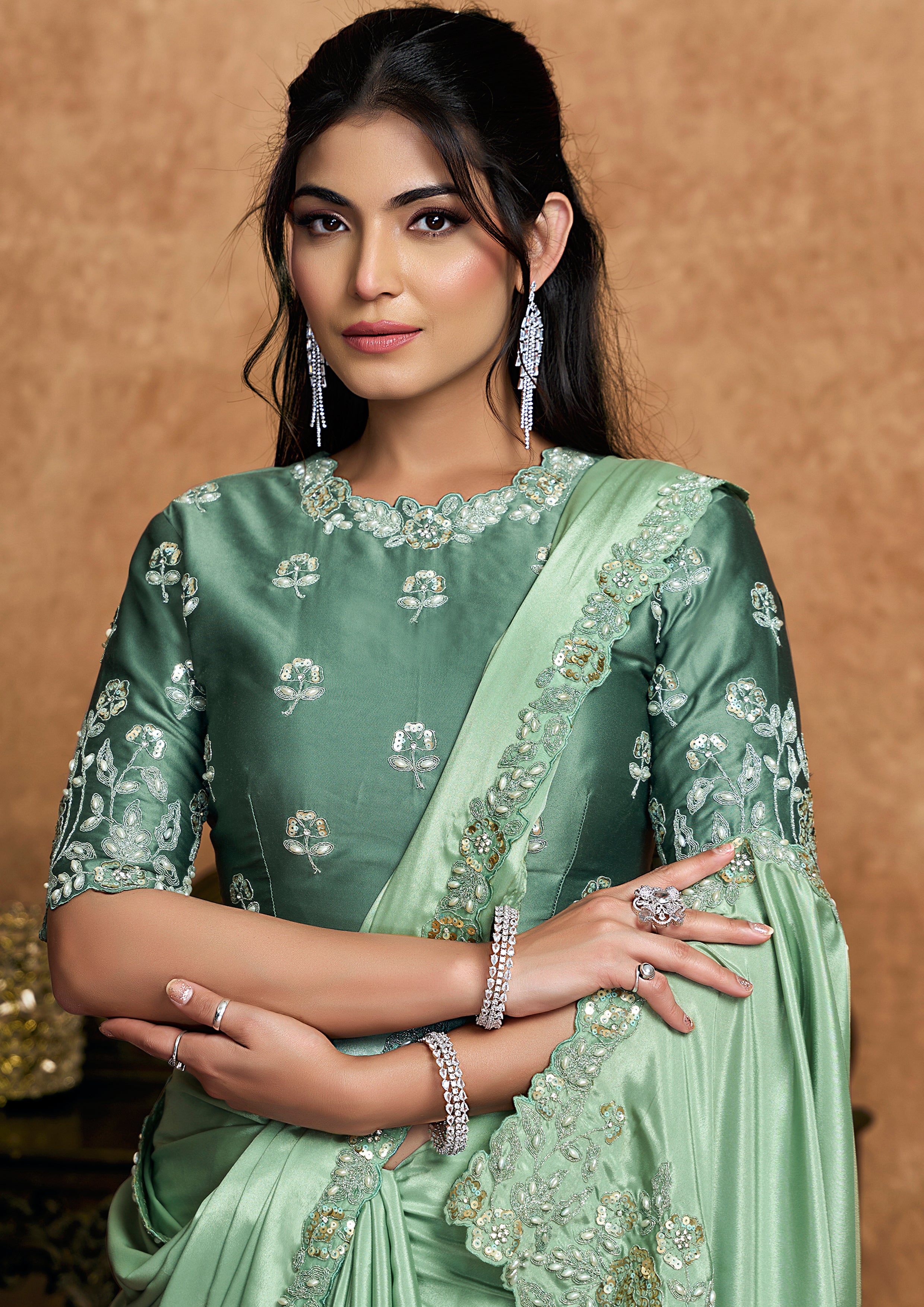 Mint Green Embellished Satin Silk Saree