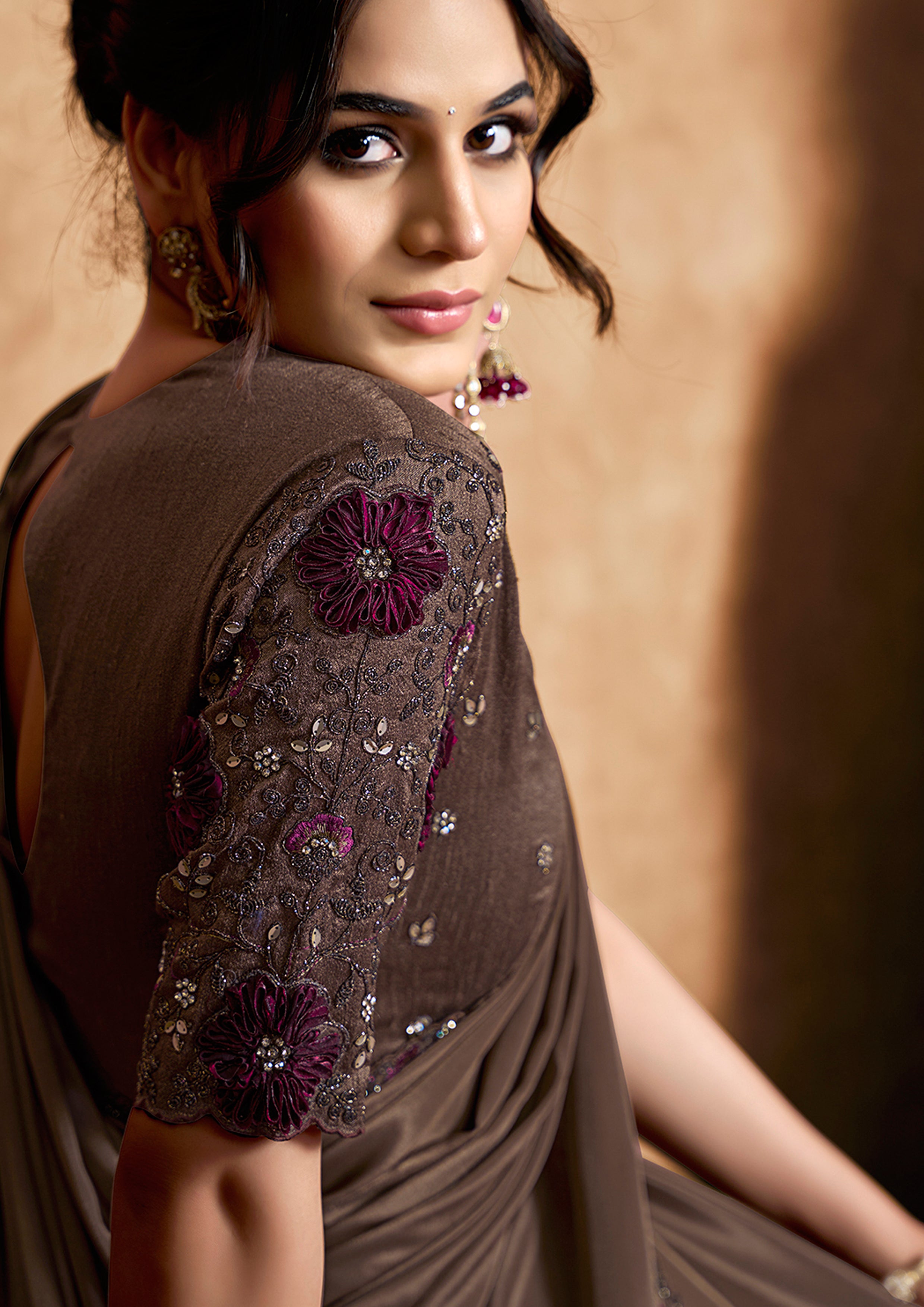Espresso Brown Embellished Satin Silk Saree