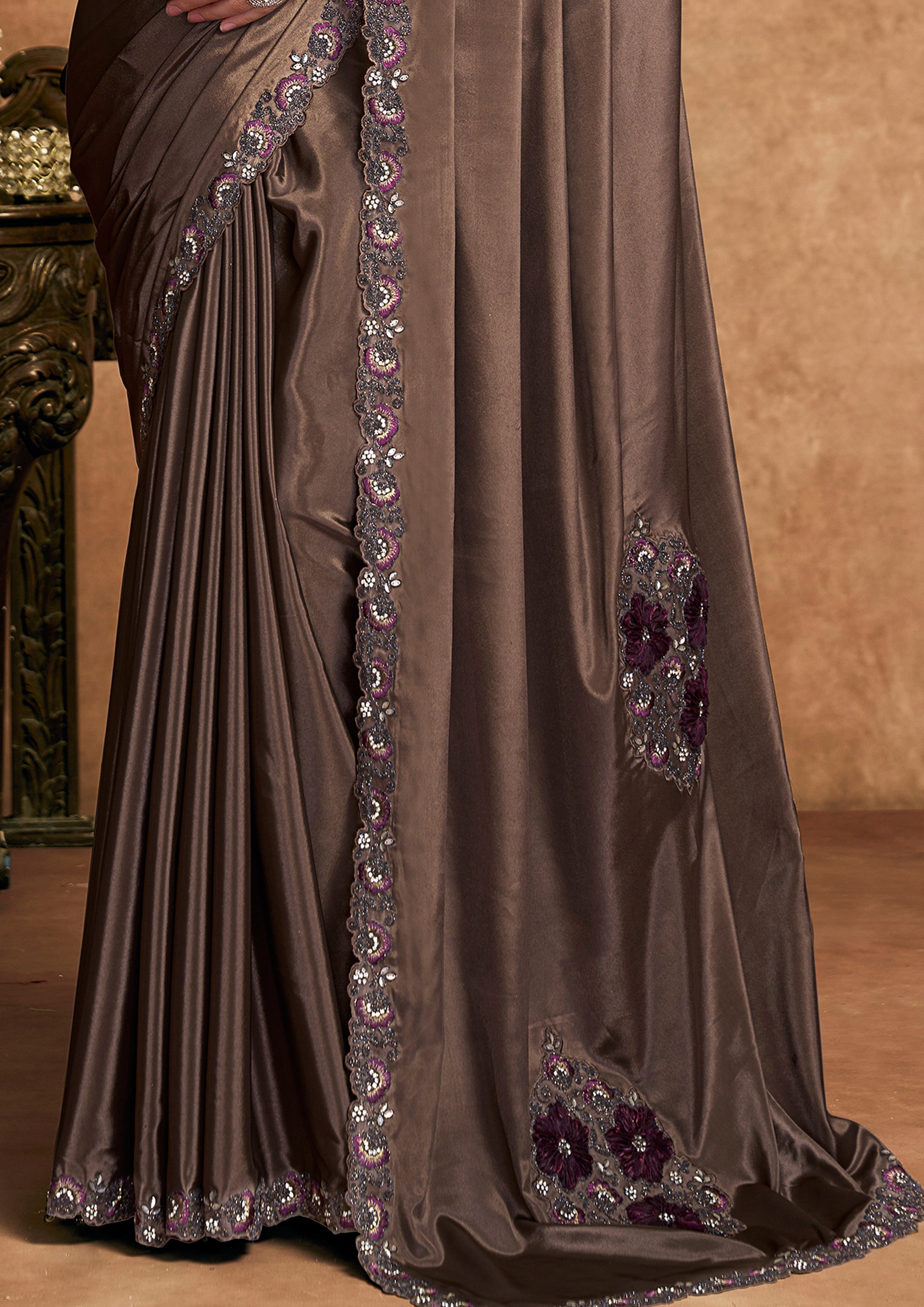 Espresso Brown Embellished Satin Silk Saree