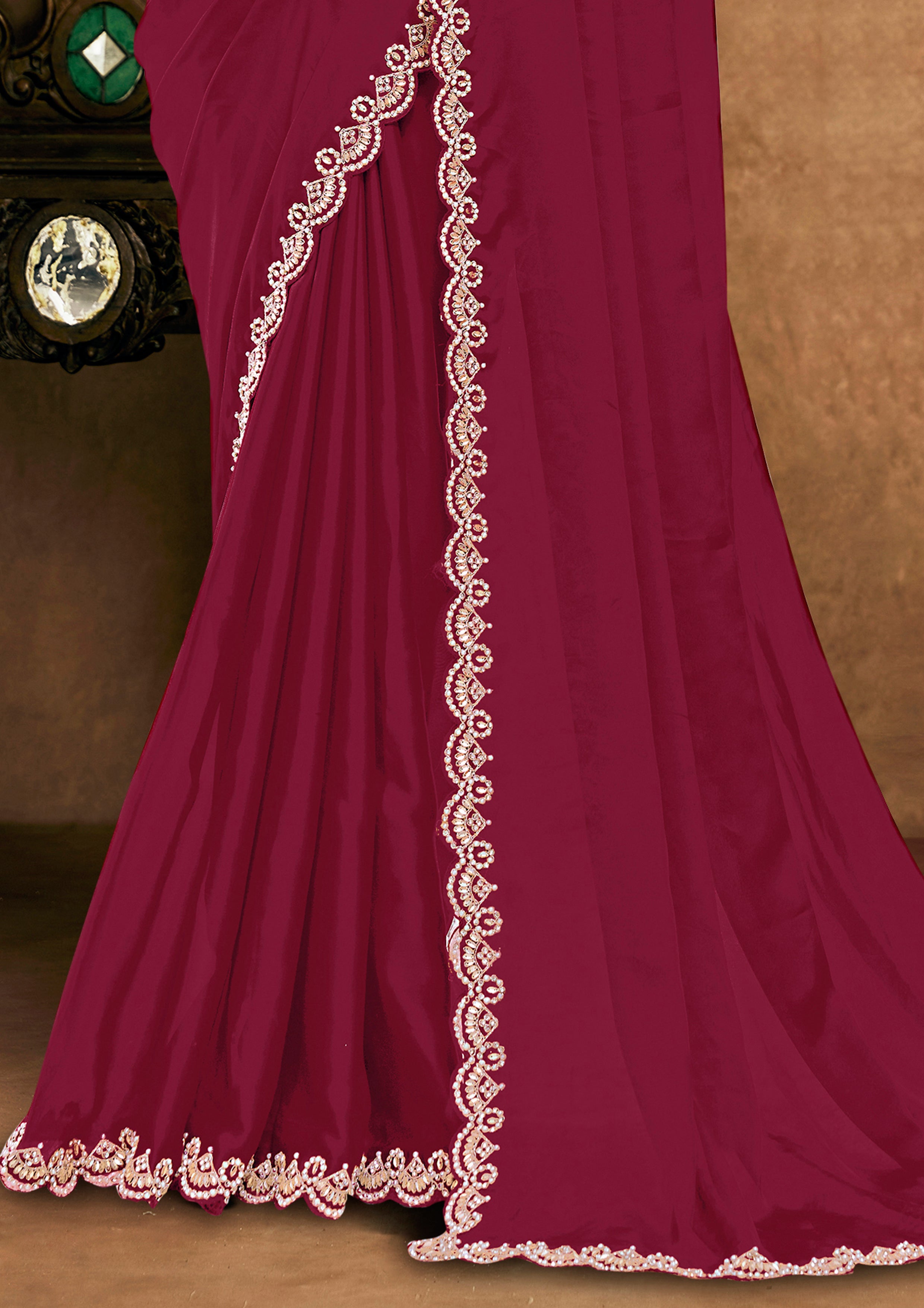Crimson Red Embellished Crepe Silk Saree