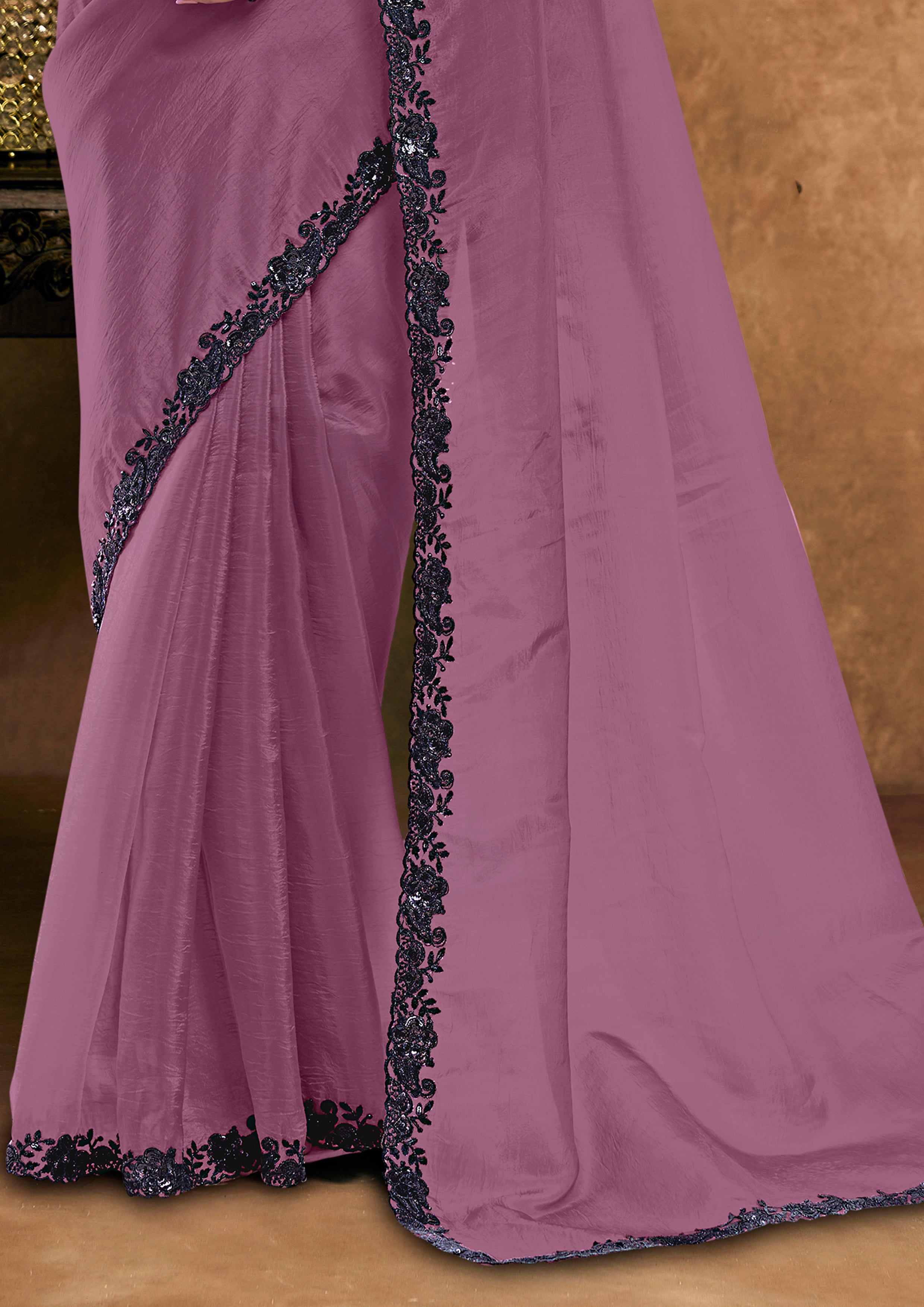 Mauve Orchid Embellished Crushed Pure Silk Saree