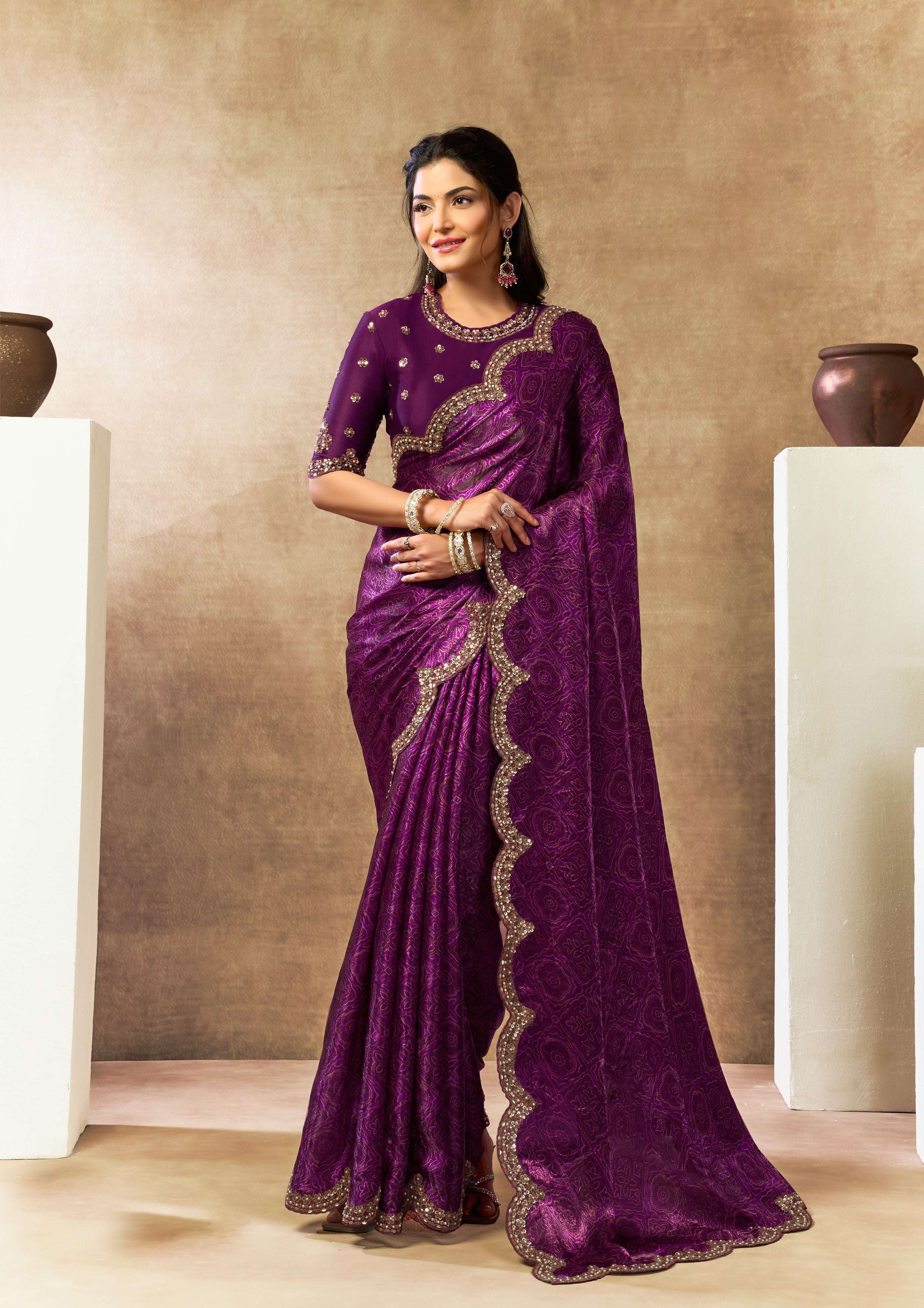 Royal Plum Embellished Satin Silk Saree
