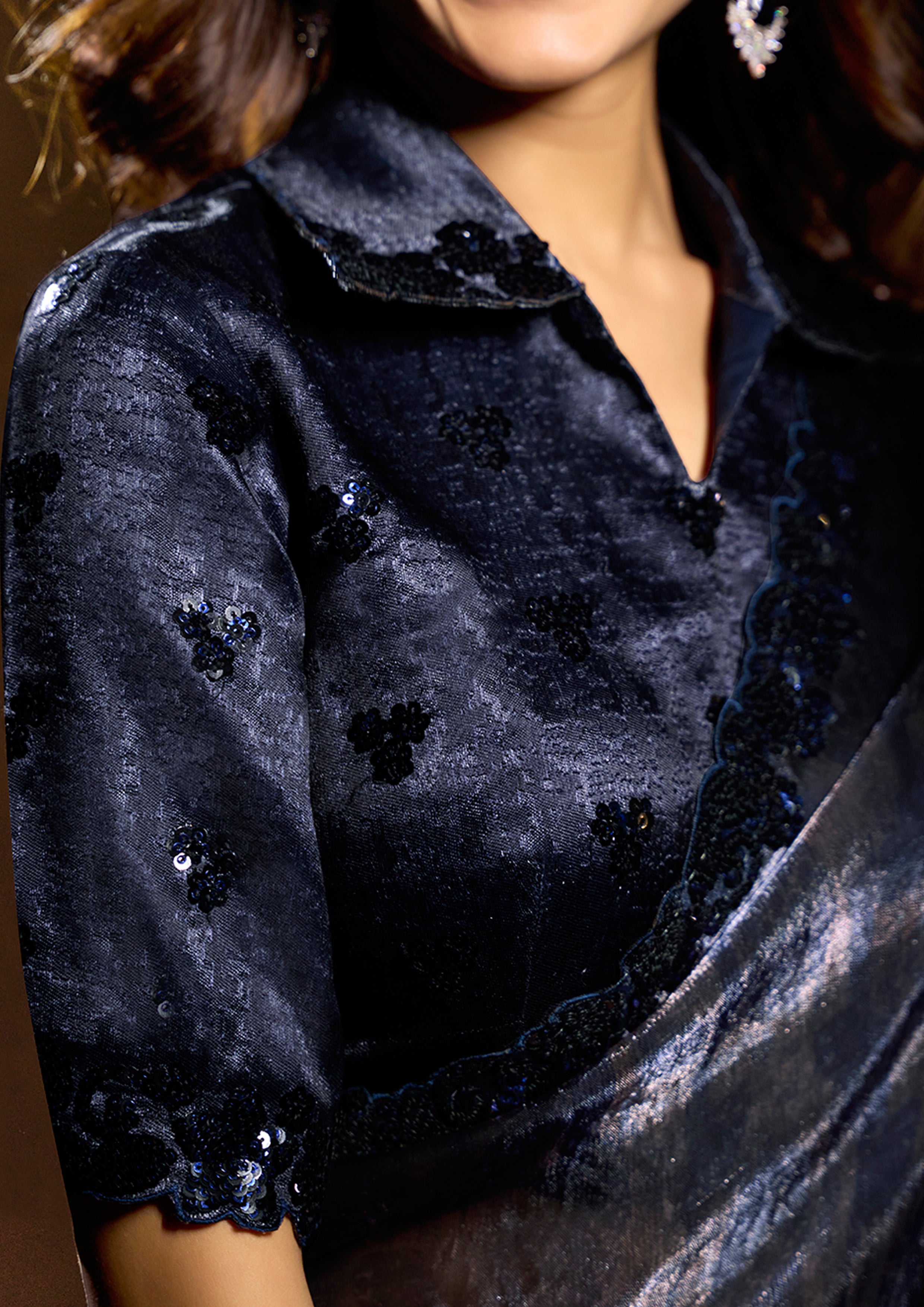 Midnight Navy Embellished Antique Satin Silk Saree