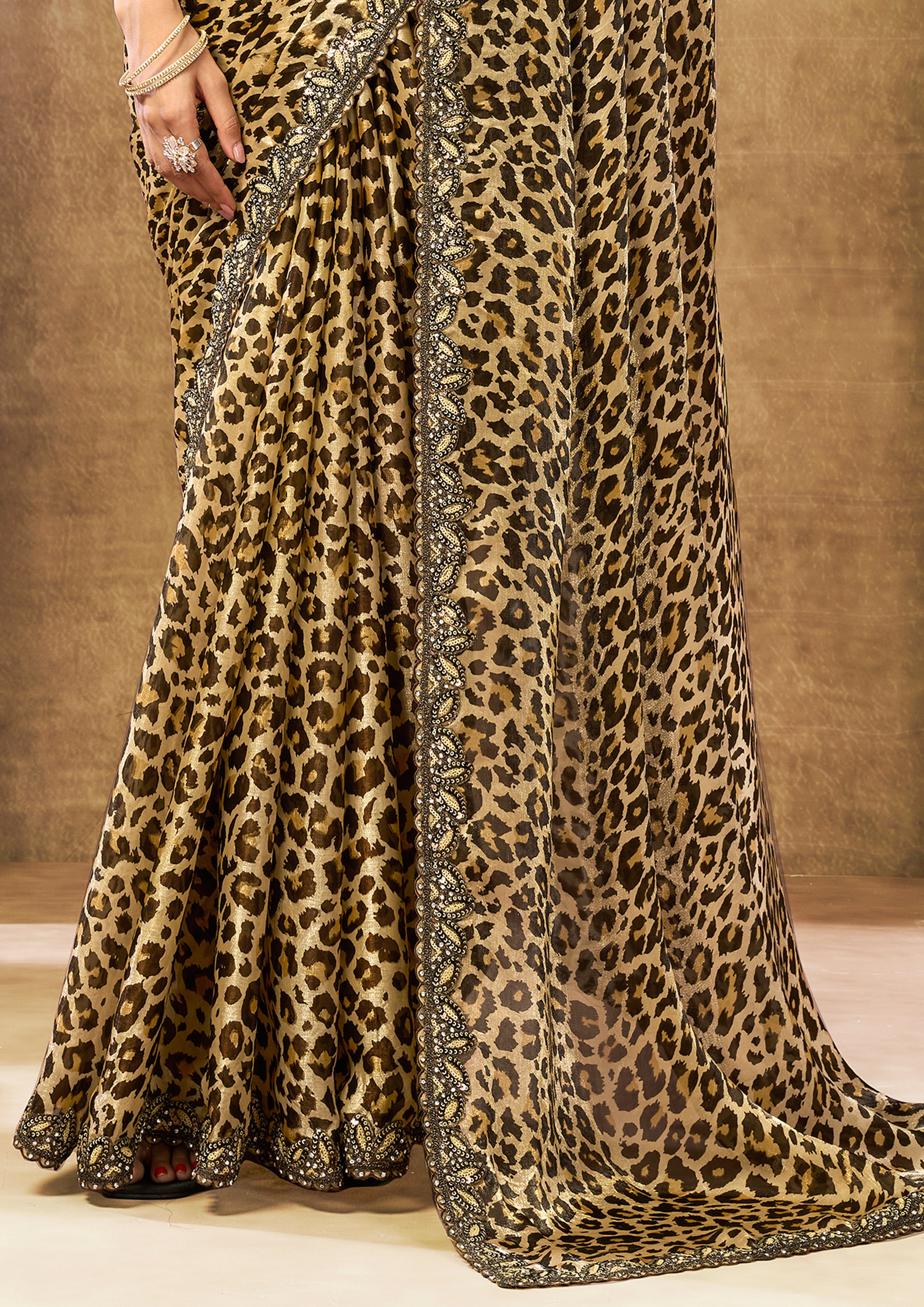 Leopard Muse Embellished Crepe Satin Silk Saree