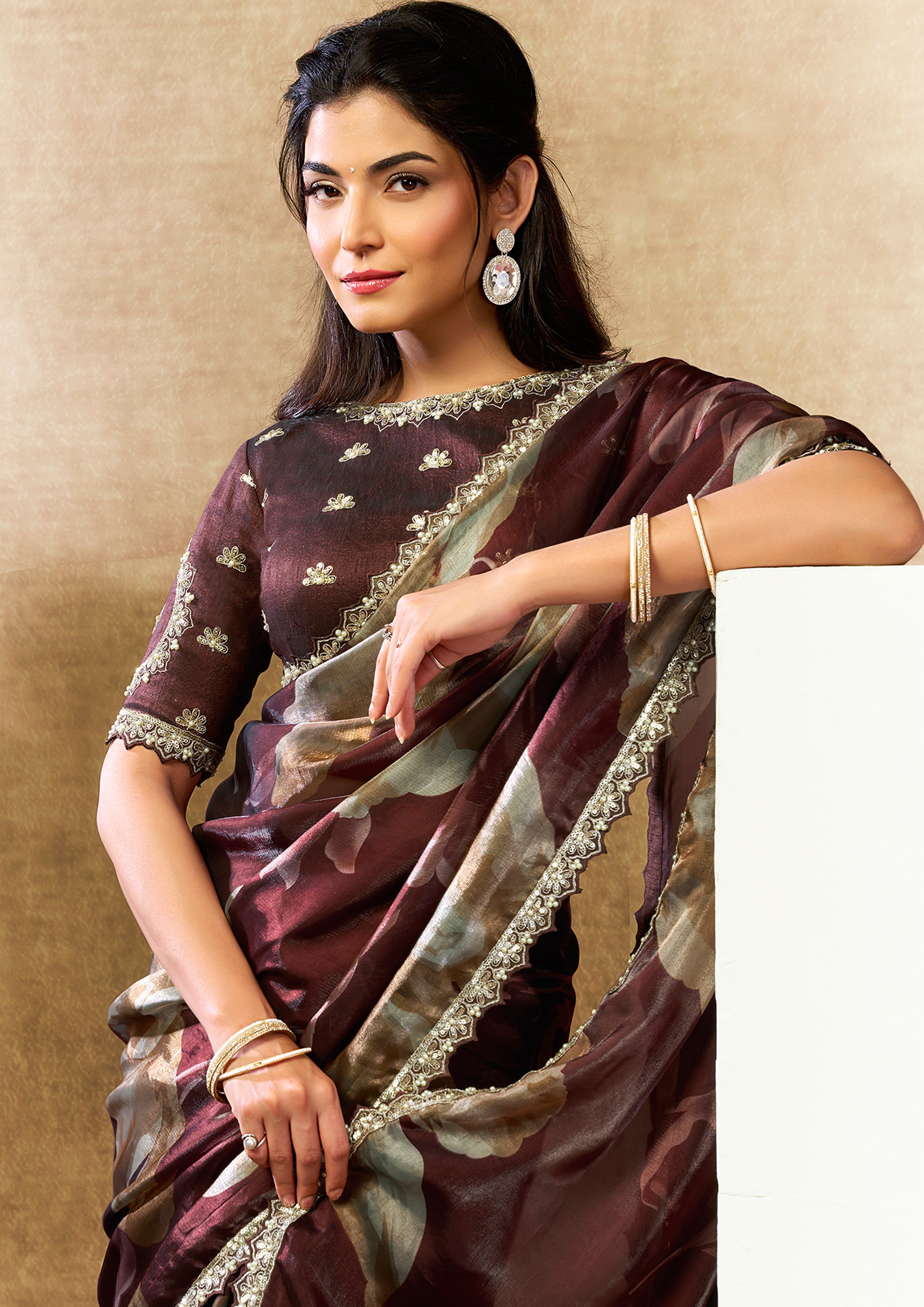 Maroon Floral Embellished Satin Silk Saree