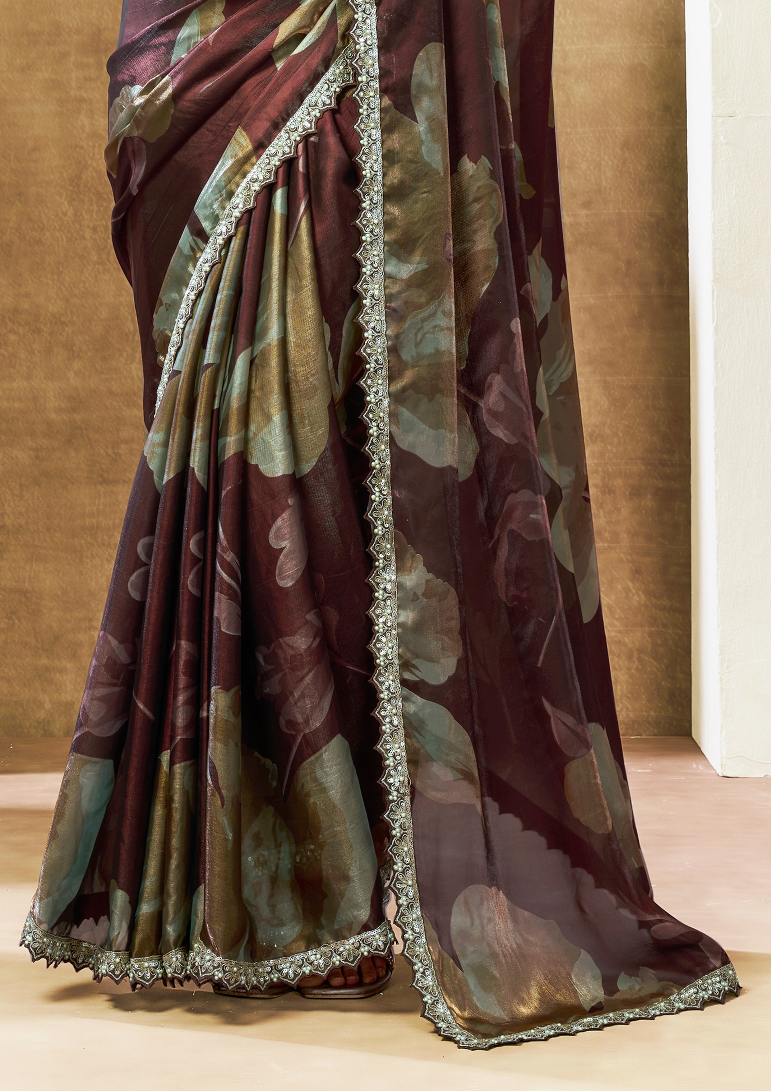 Maroon Floral Embellished Satin Silk Saree