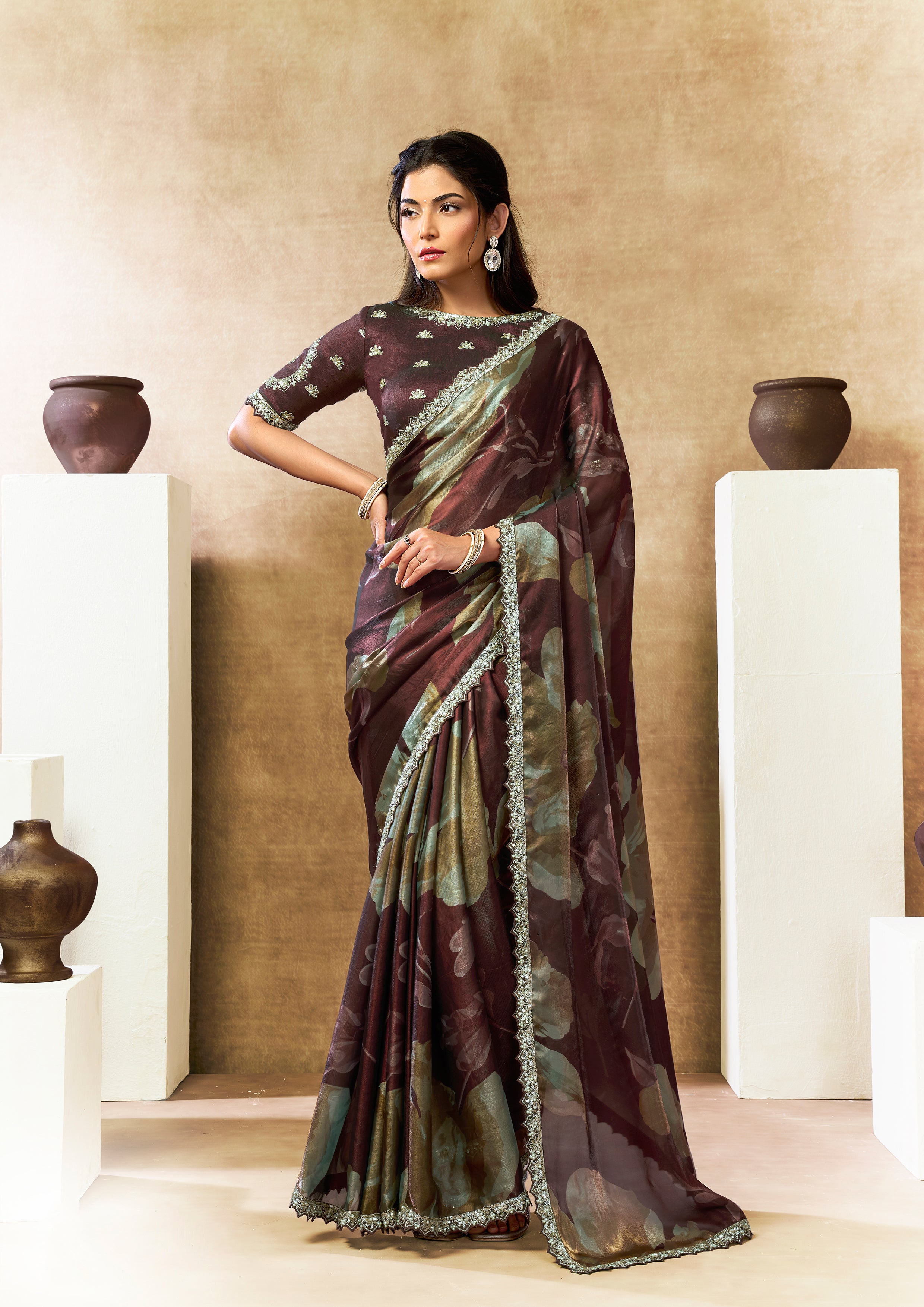 Maroon Floral Embellished Satin Silk Saree