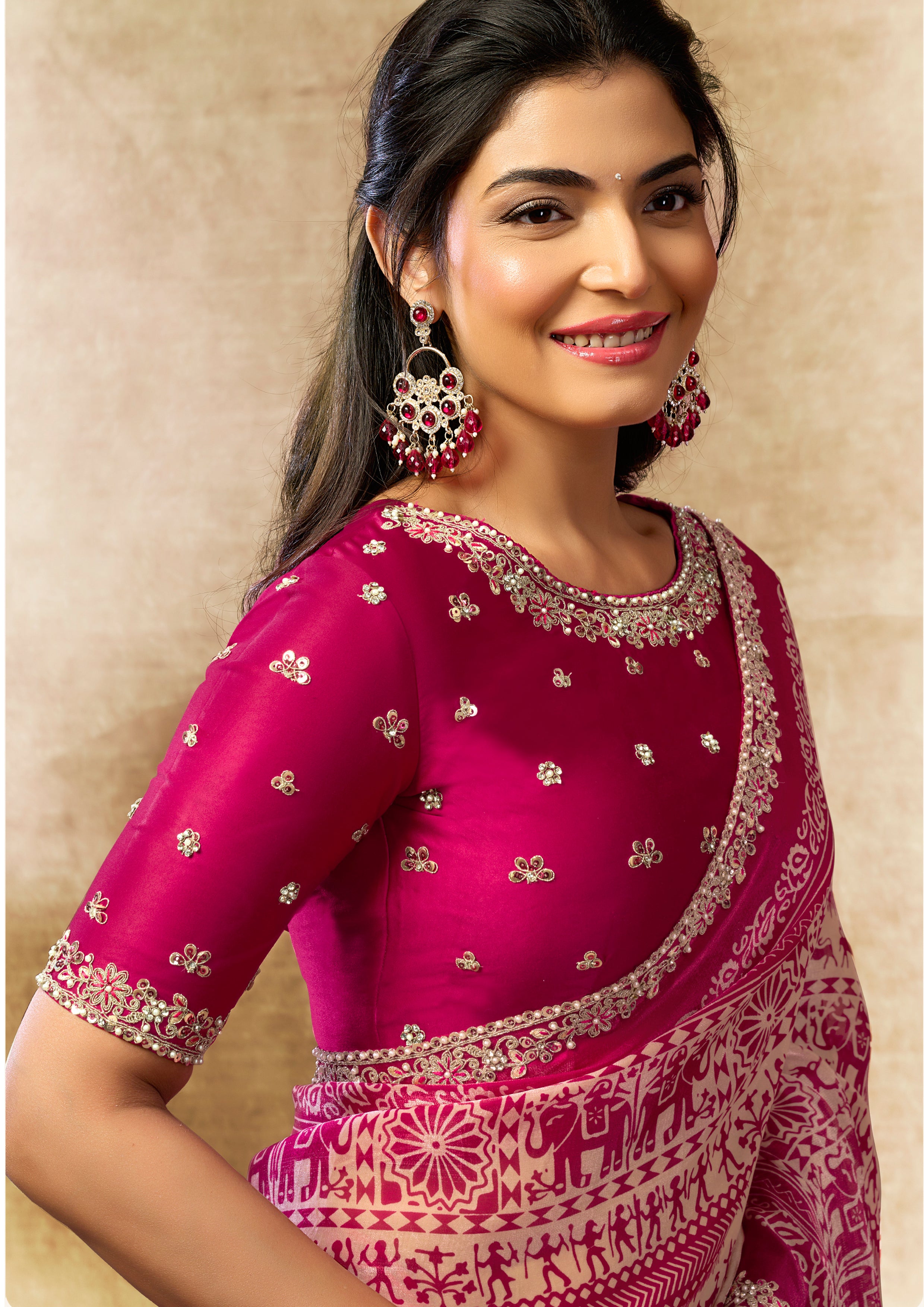 Magenta Heritage Embellished Satin Silk Saree