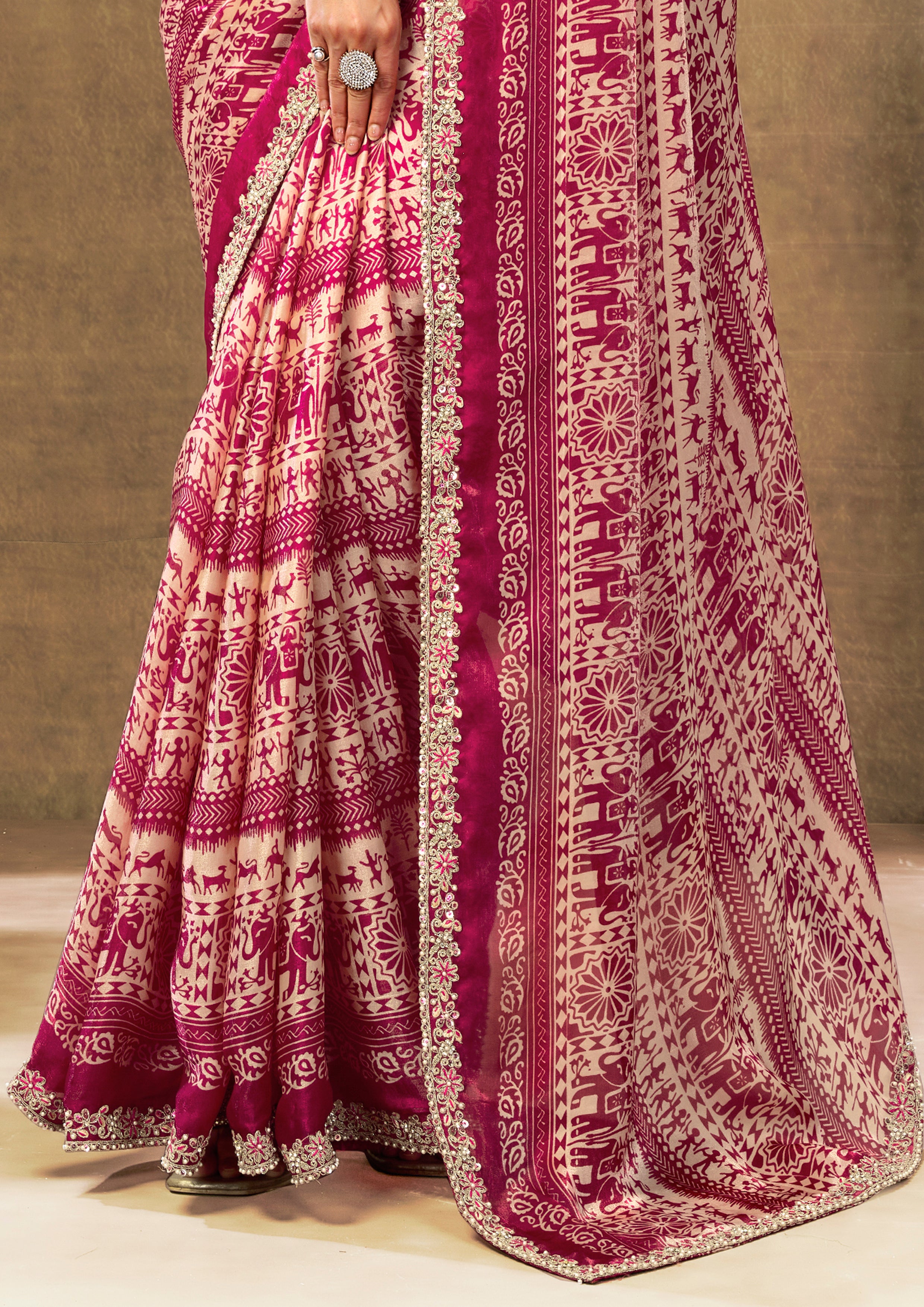 Magenta Heritage Embellished Satin Silk Saree