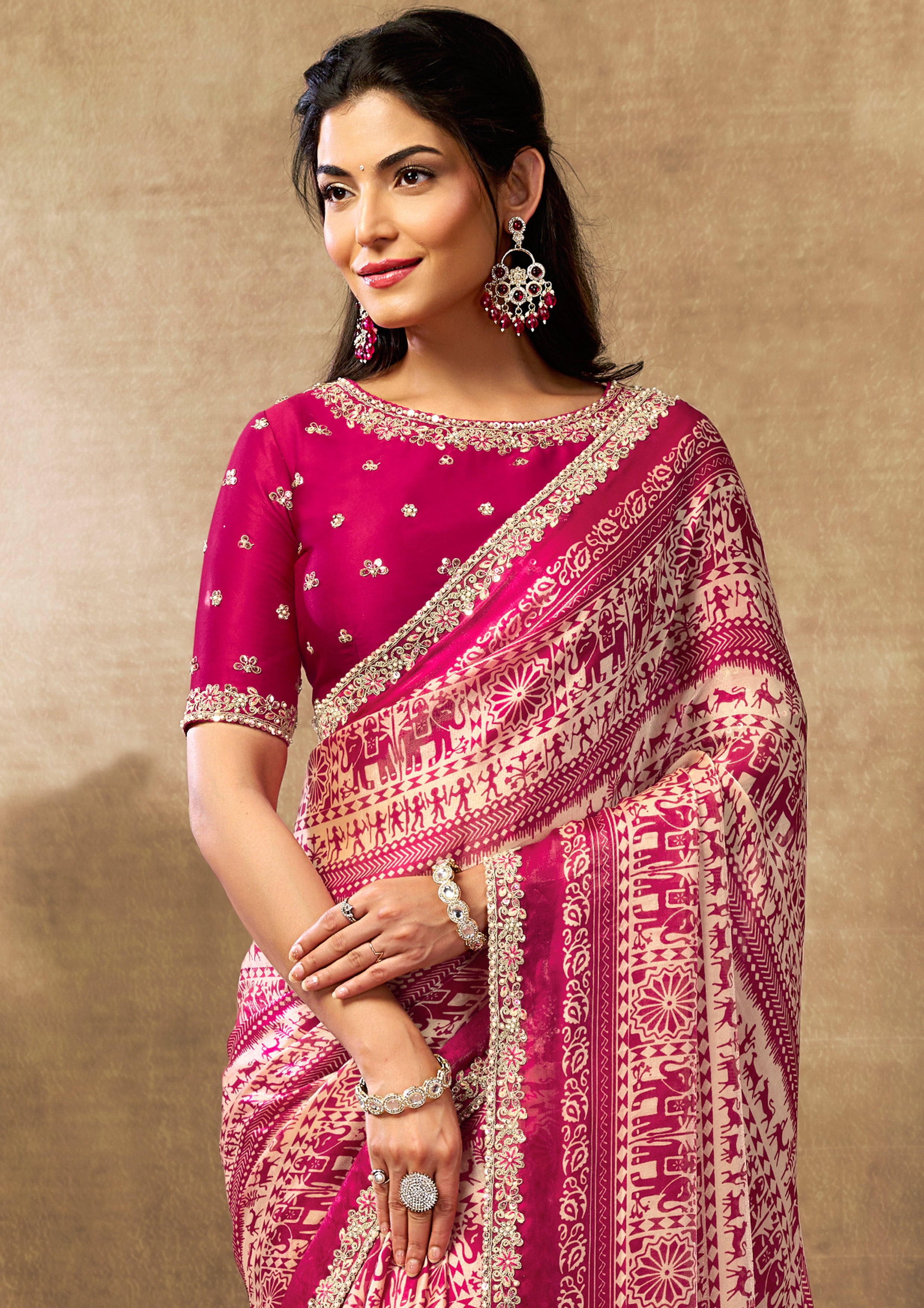 Magenta Heritage Embellished Satin Silk Saree