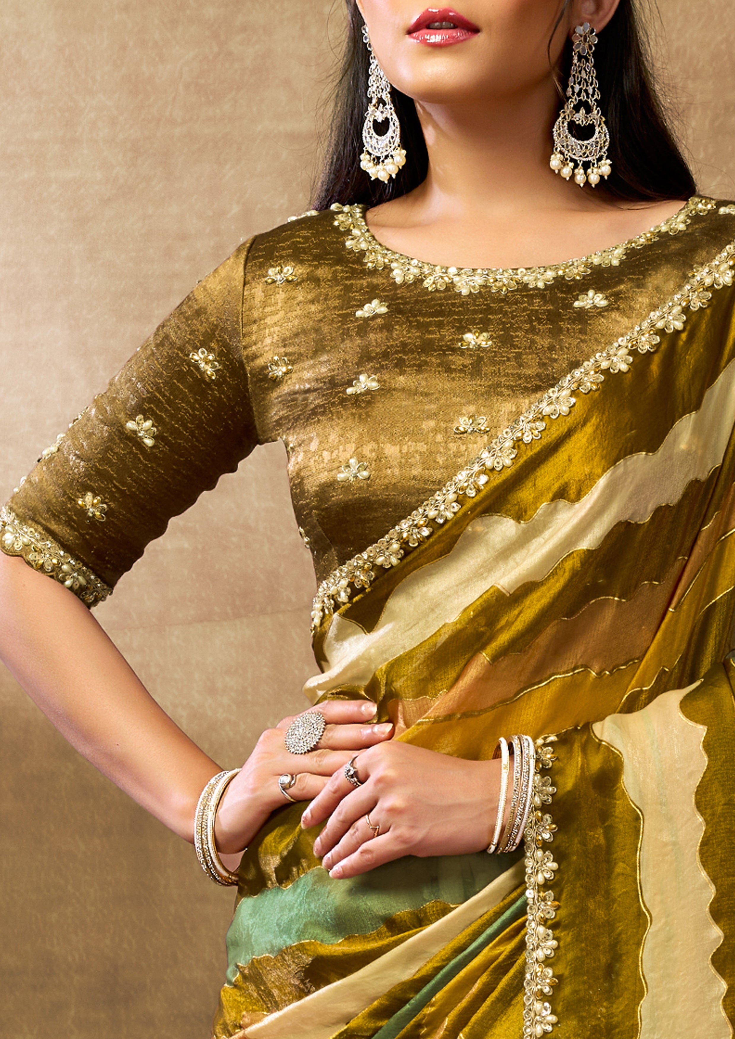 Olive Wave Embellished Crepe Tissue Silk Saree