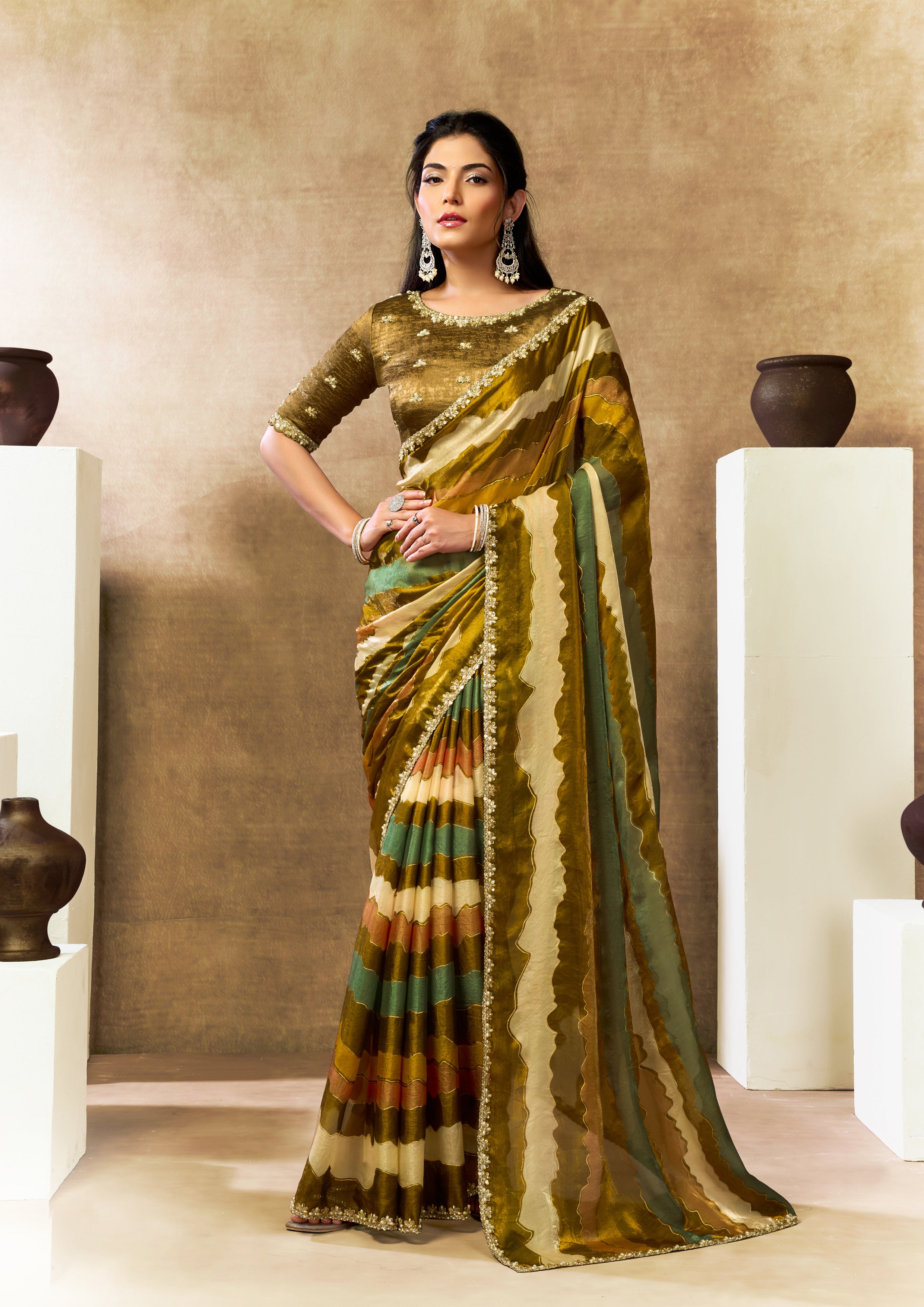 Olive Wave Embellished Crepe Tissue Silk Saree