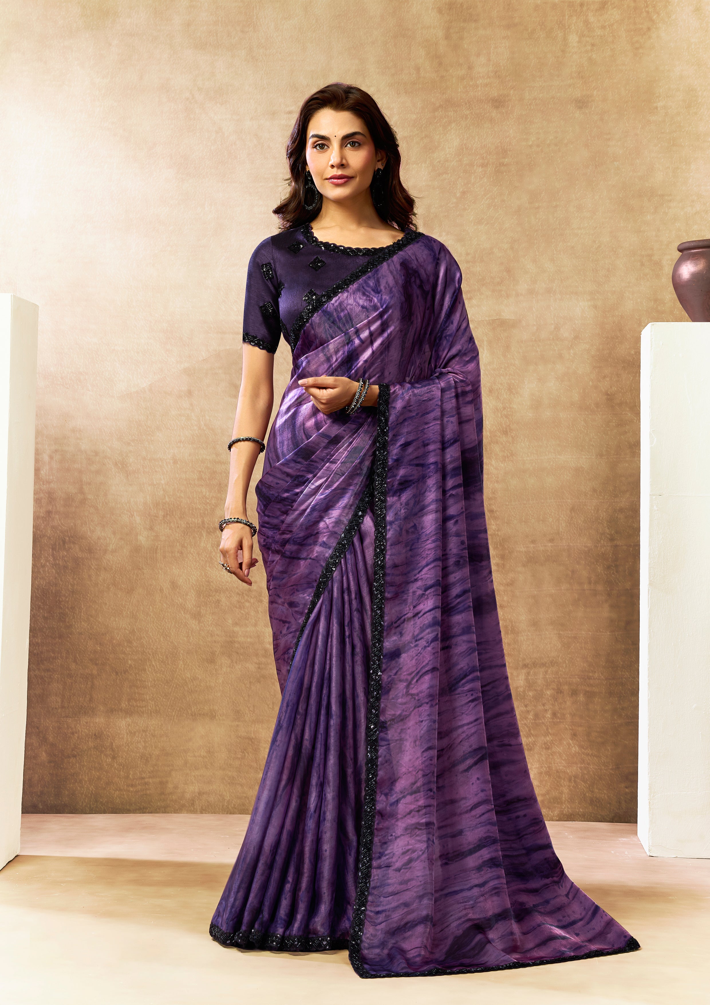 Violet Nebula Embellished Crepe Tissue Silk Saree