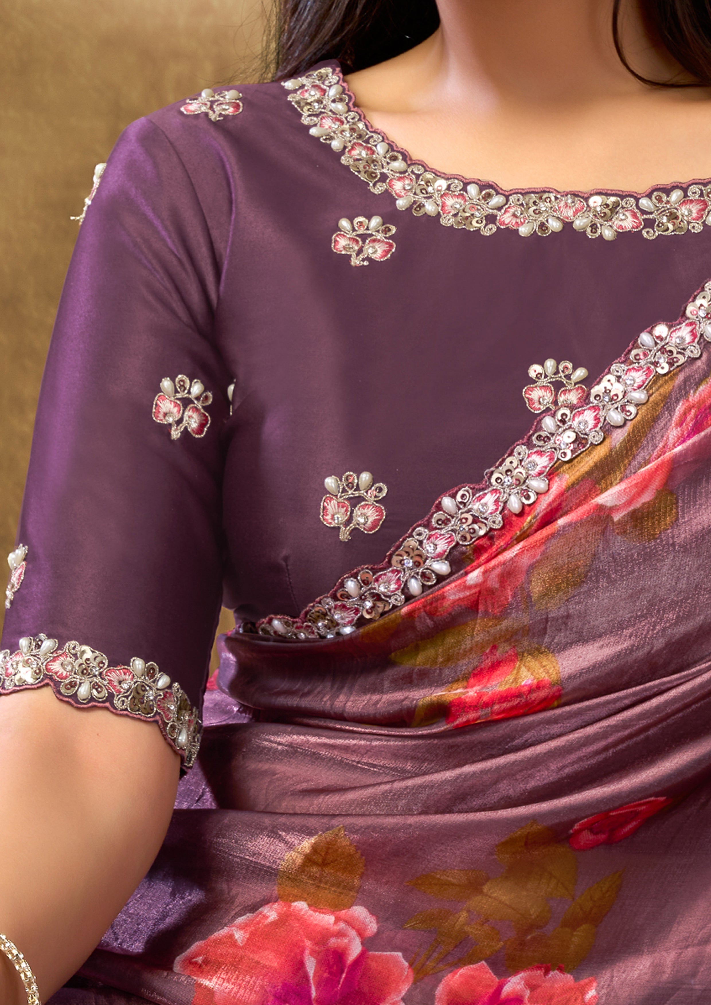 Mauve Rose Embellished Crepe Tissue Silk Saree