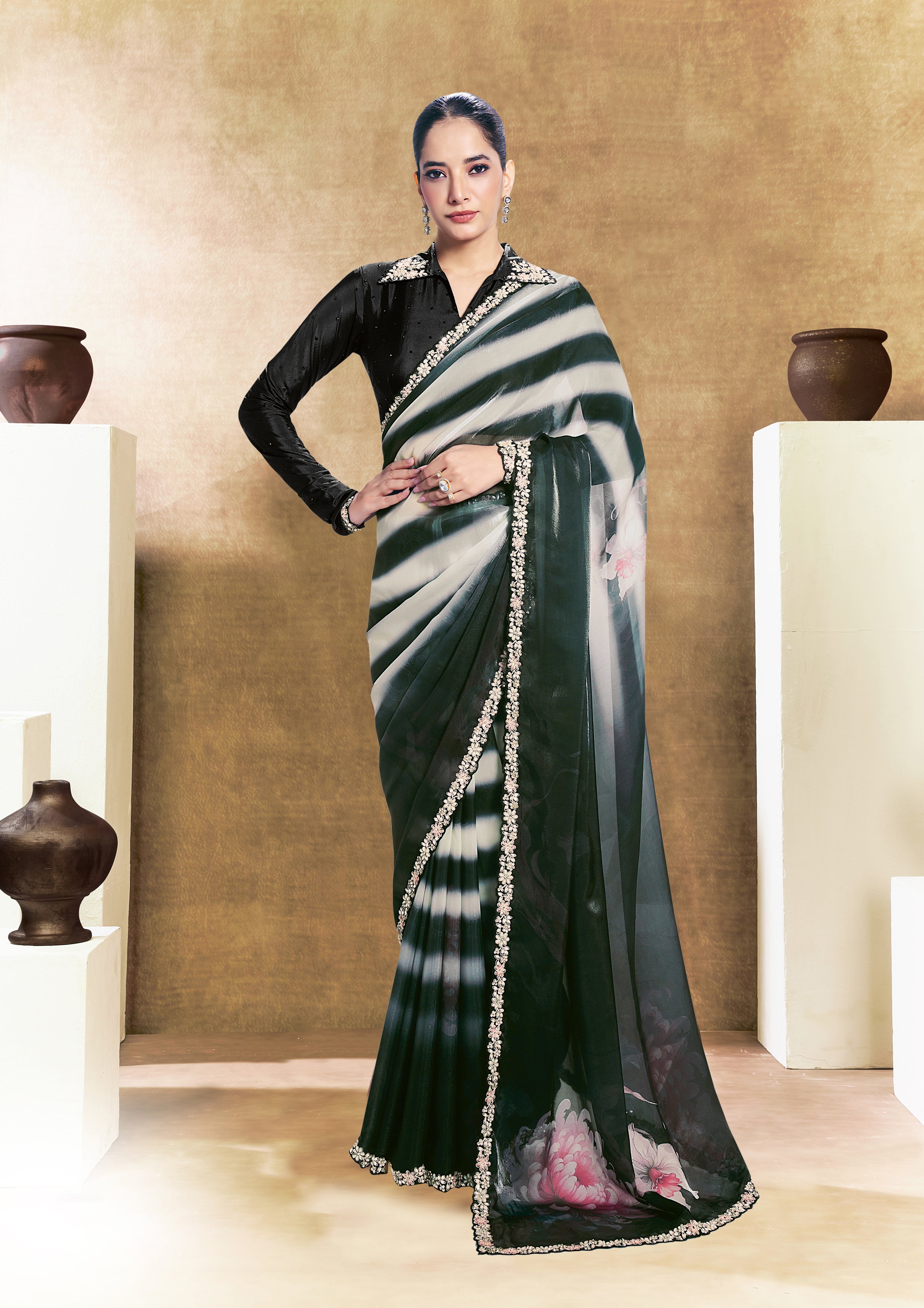 Midnight Black Embellished Jimmy Choo Silk Saree