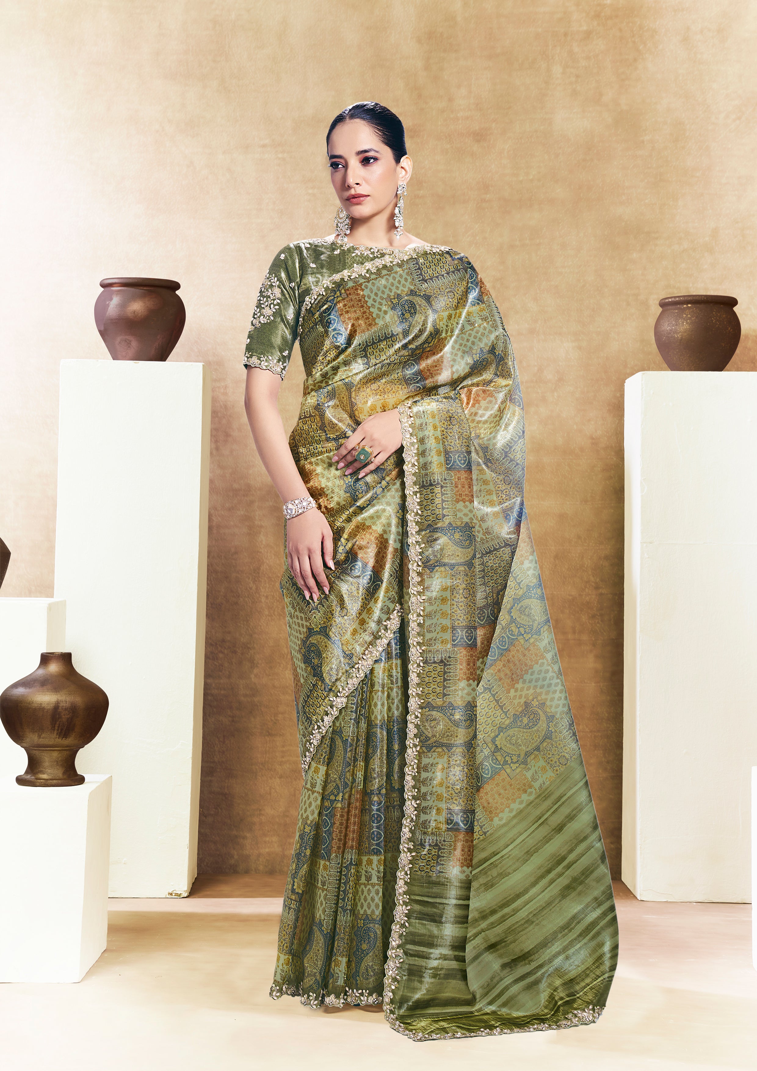 Sage Paisley Printed Satin Silk Saree