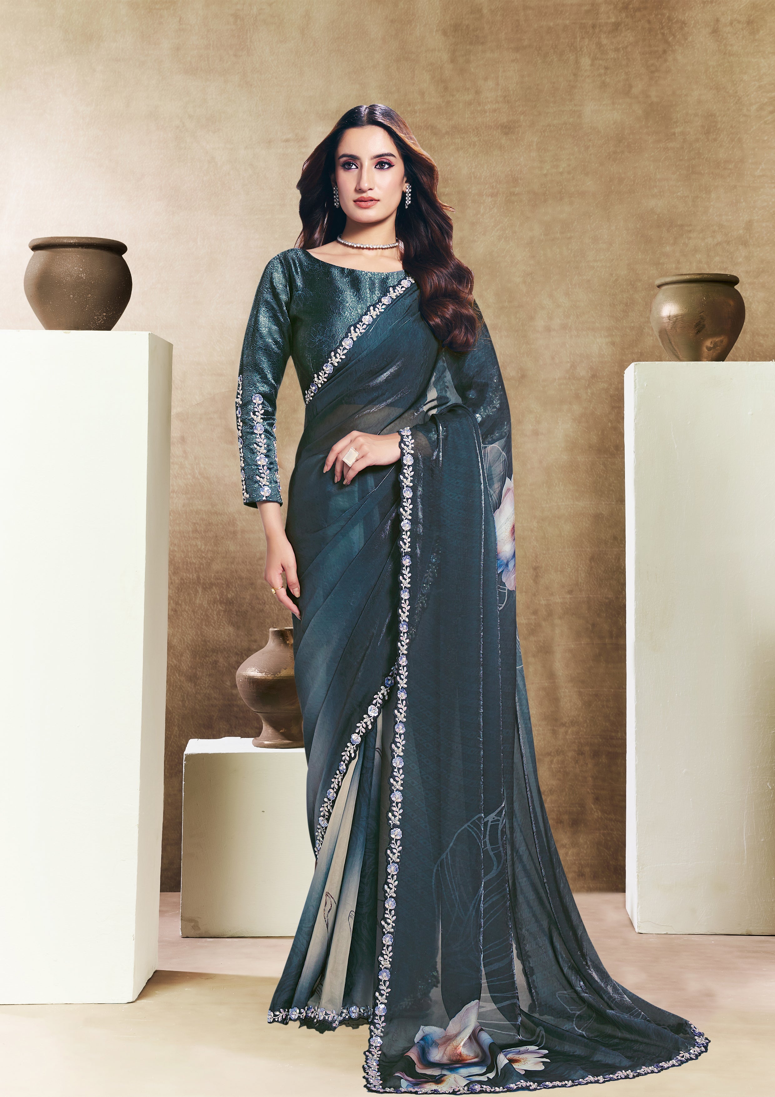 Teal Botanical Embellished Soft Organza Silk Saree