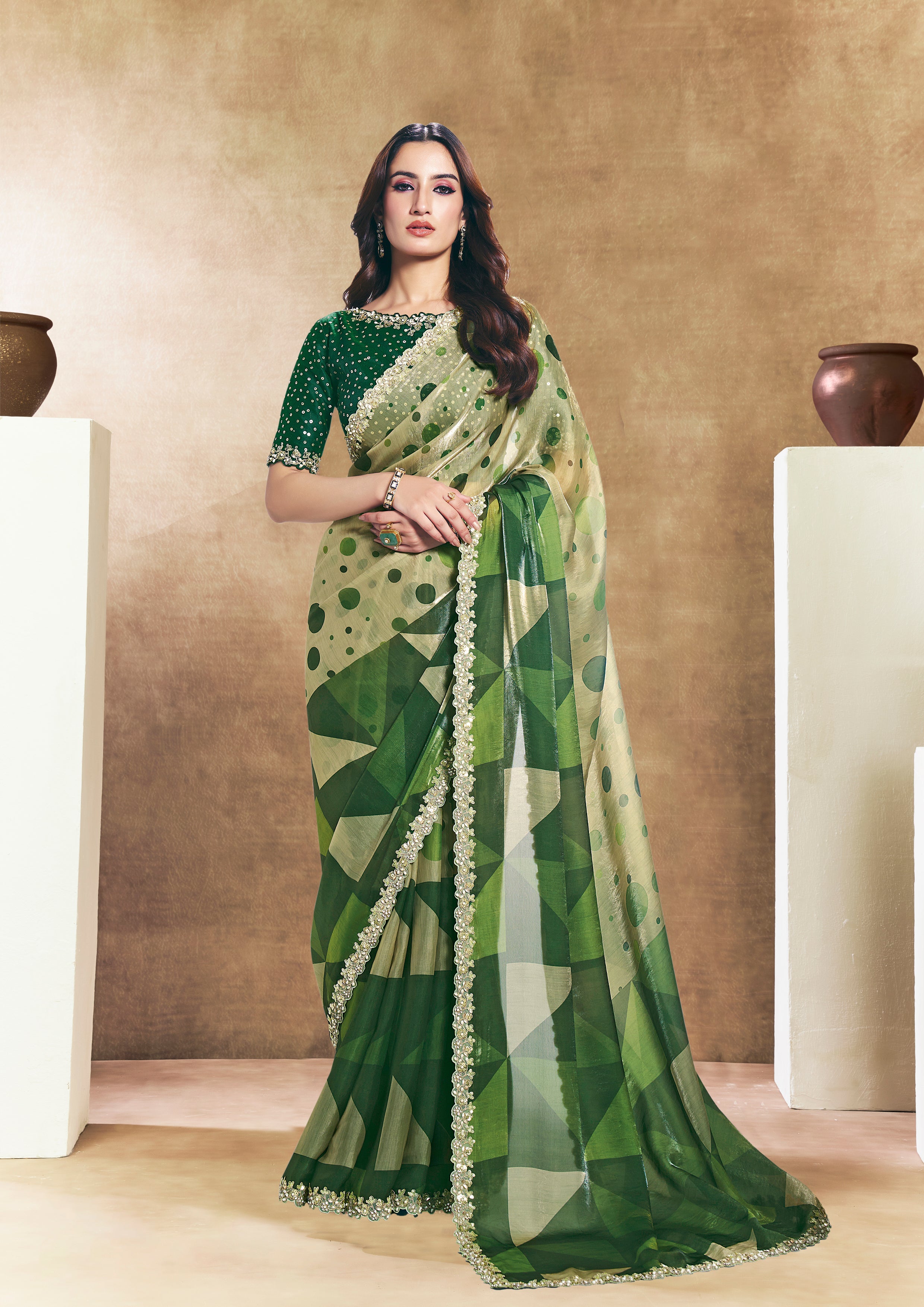 Emerald Embellished Crepe Tissue Silk Saree