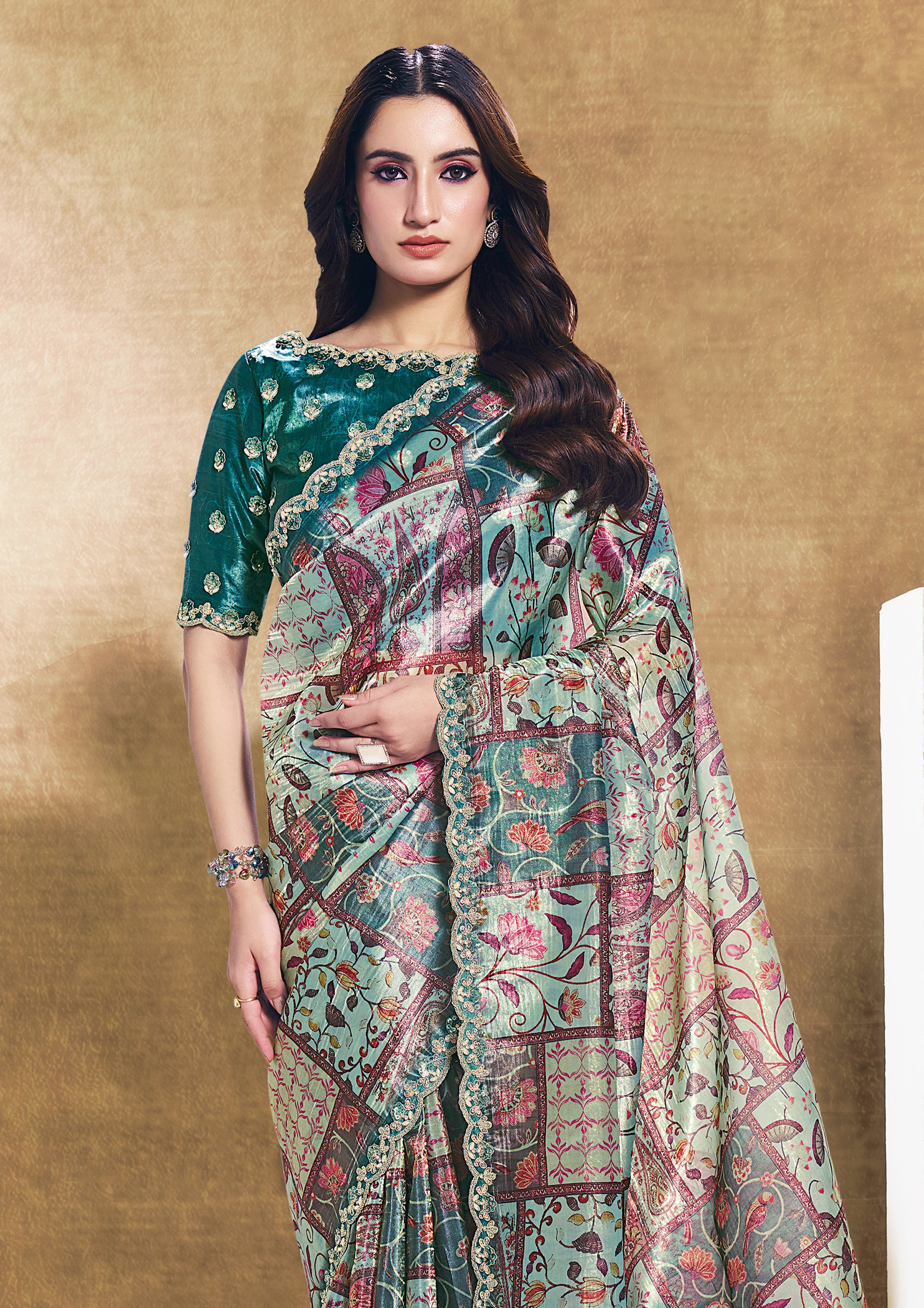 Rama Green Embellished Soft Organza Silk Saree