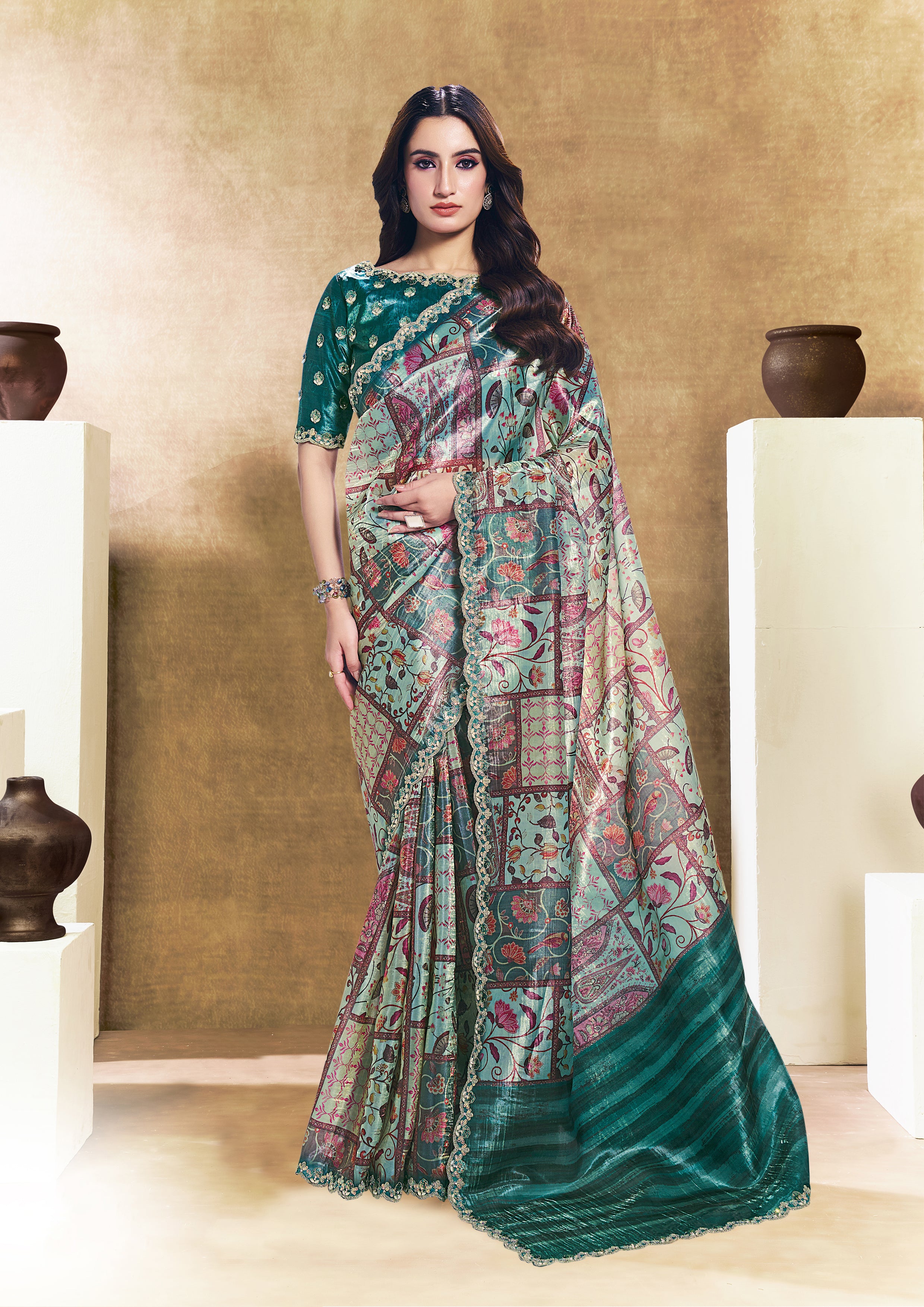 Rama Green Embellished Soft Organza Silk Saree