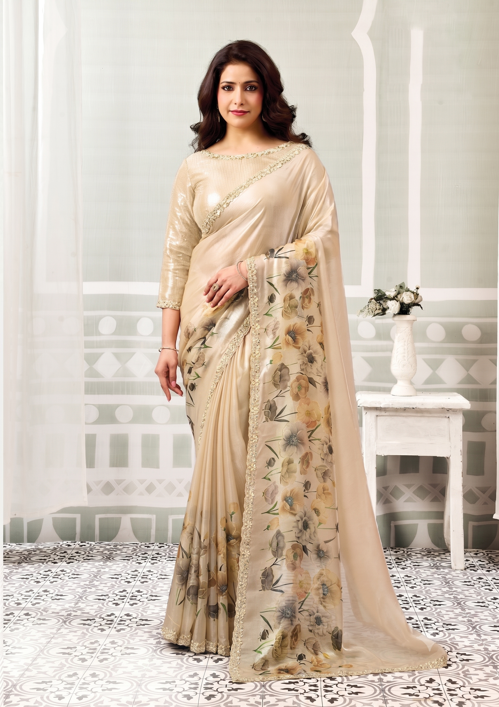 Dune Beige Embellished Satin Silk Saree