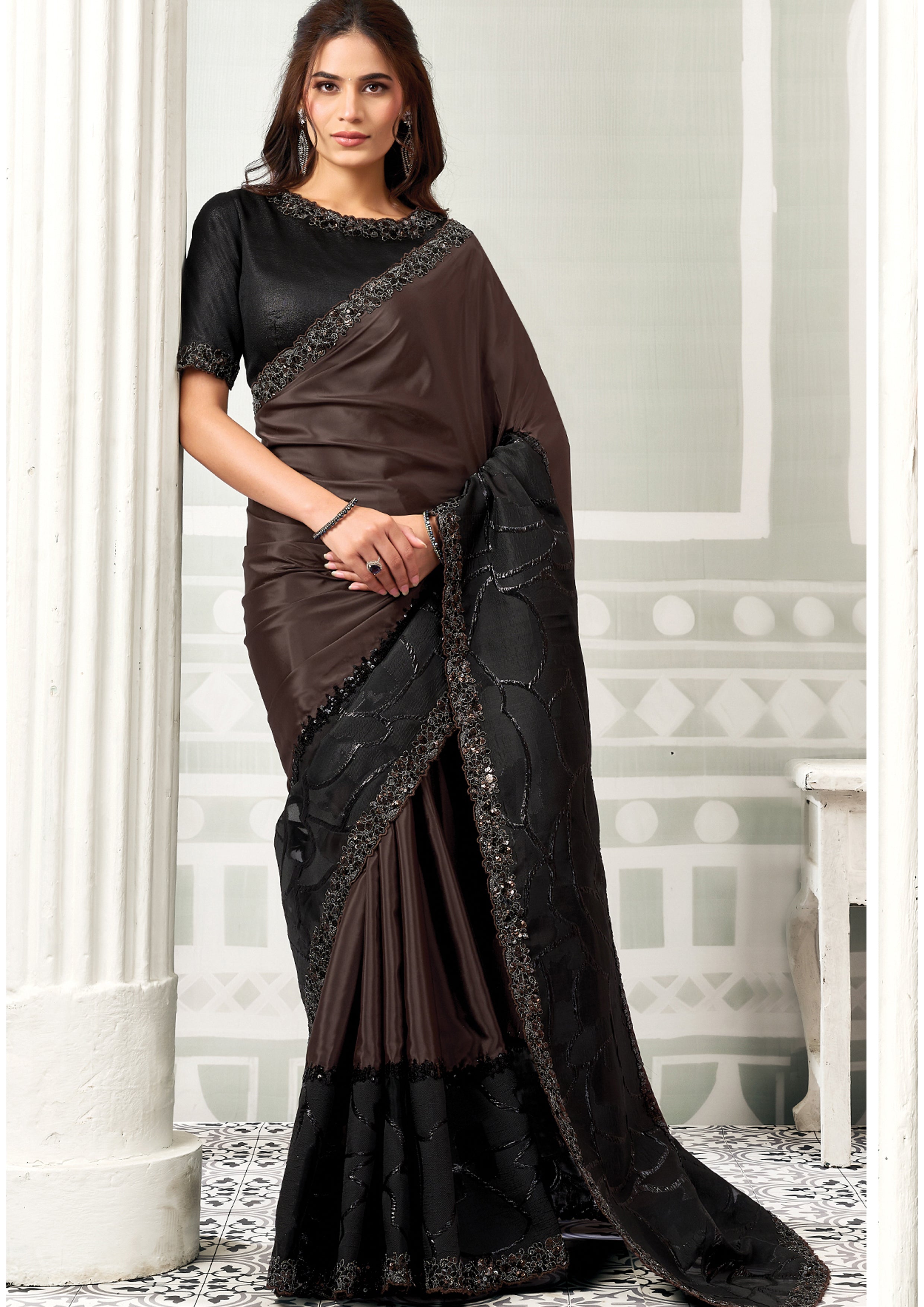Dark Espresso Black Embellished Crepe Satin Silk Saree
