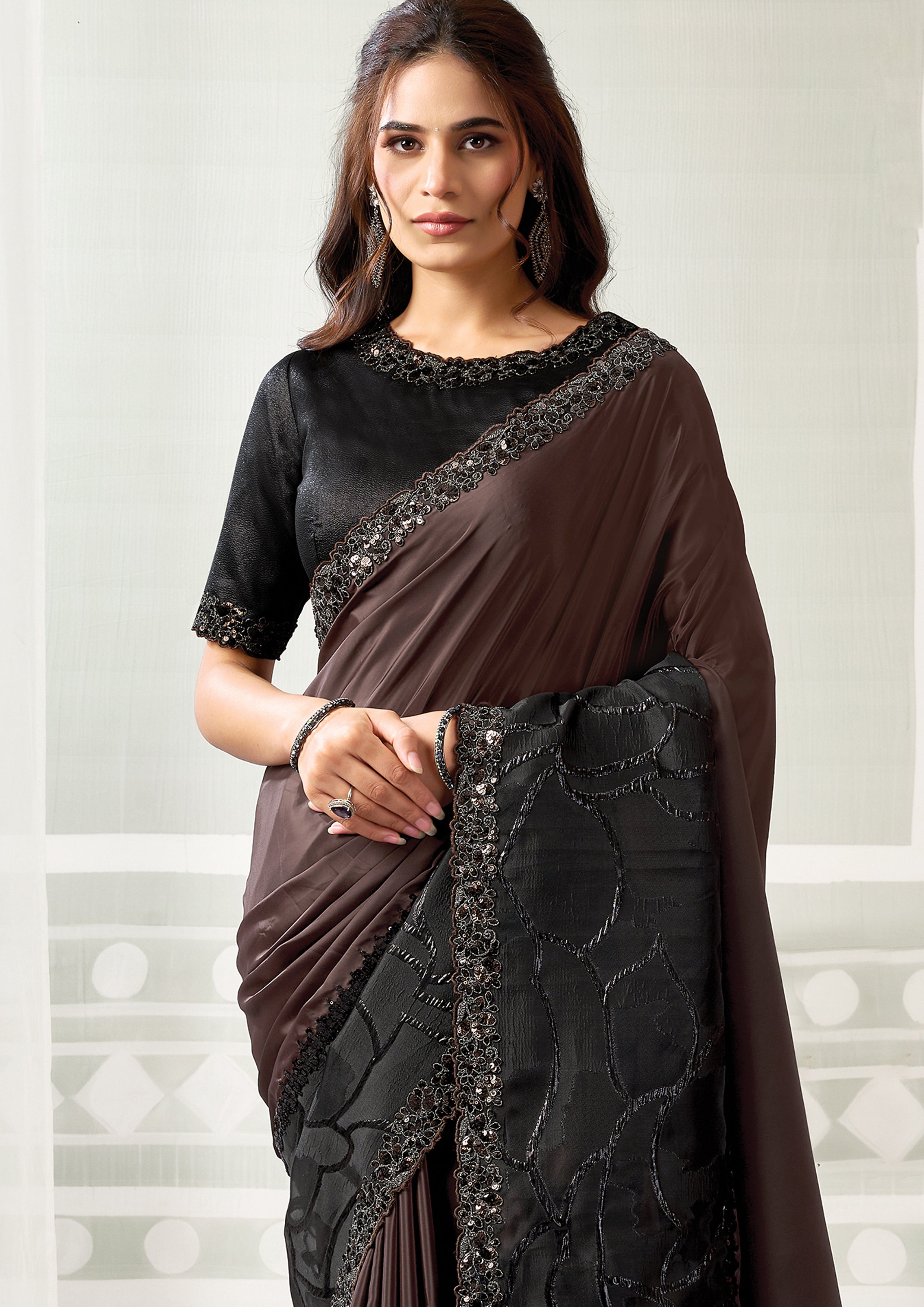 Dark Espresso Black Embellished Crepe Satin Silk Saree