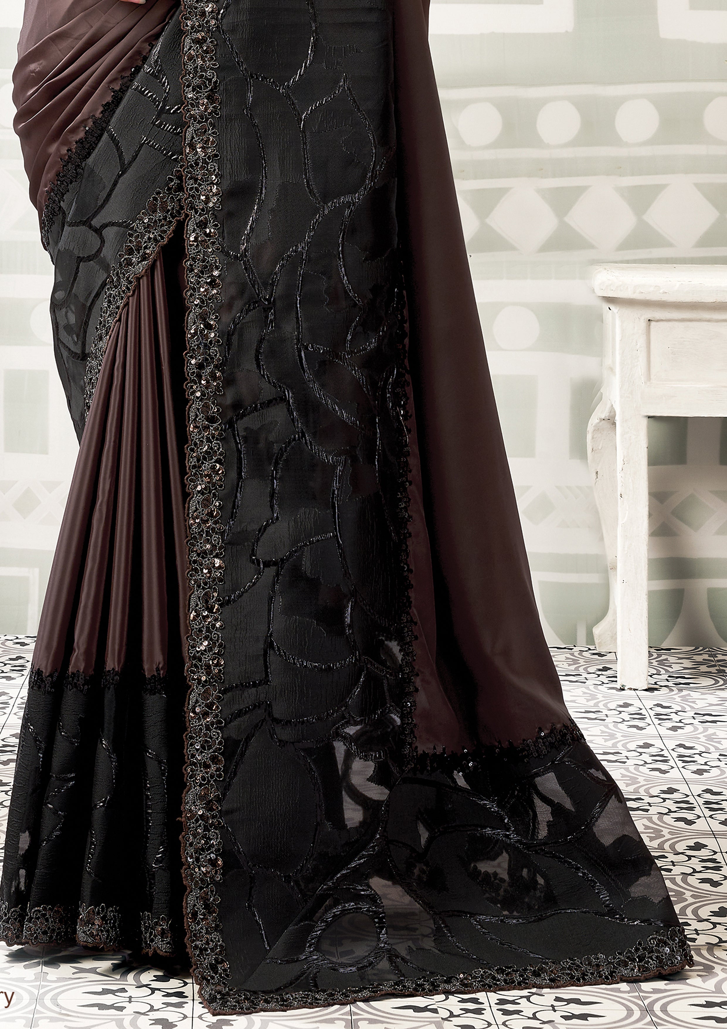 Dark Espresso Black Embellished Crepe Satin Silk Saree