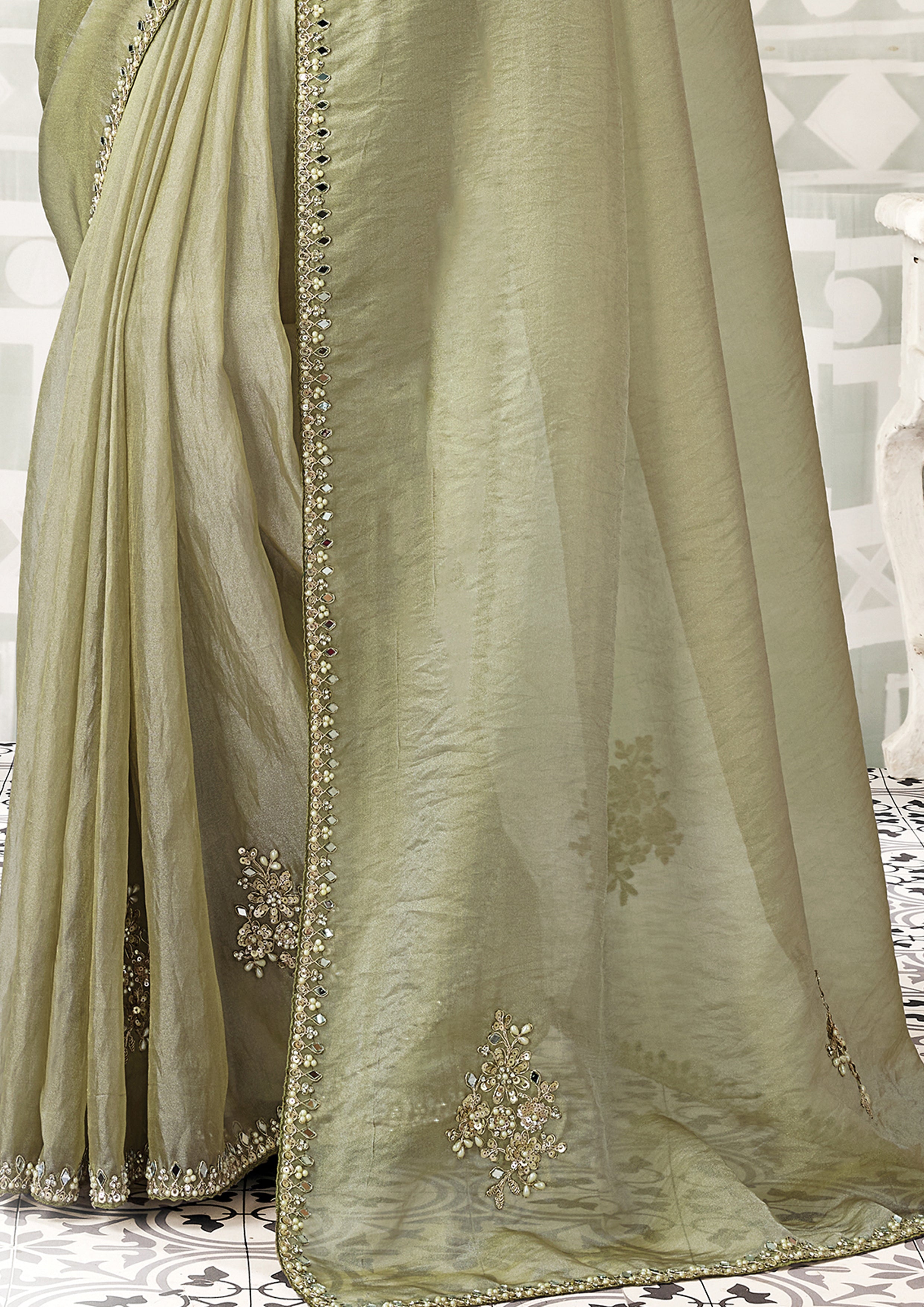 Sage Green Embellished Organza Satin Silk Saree