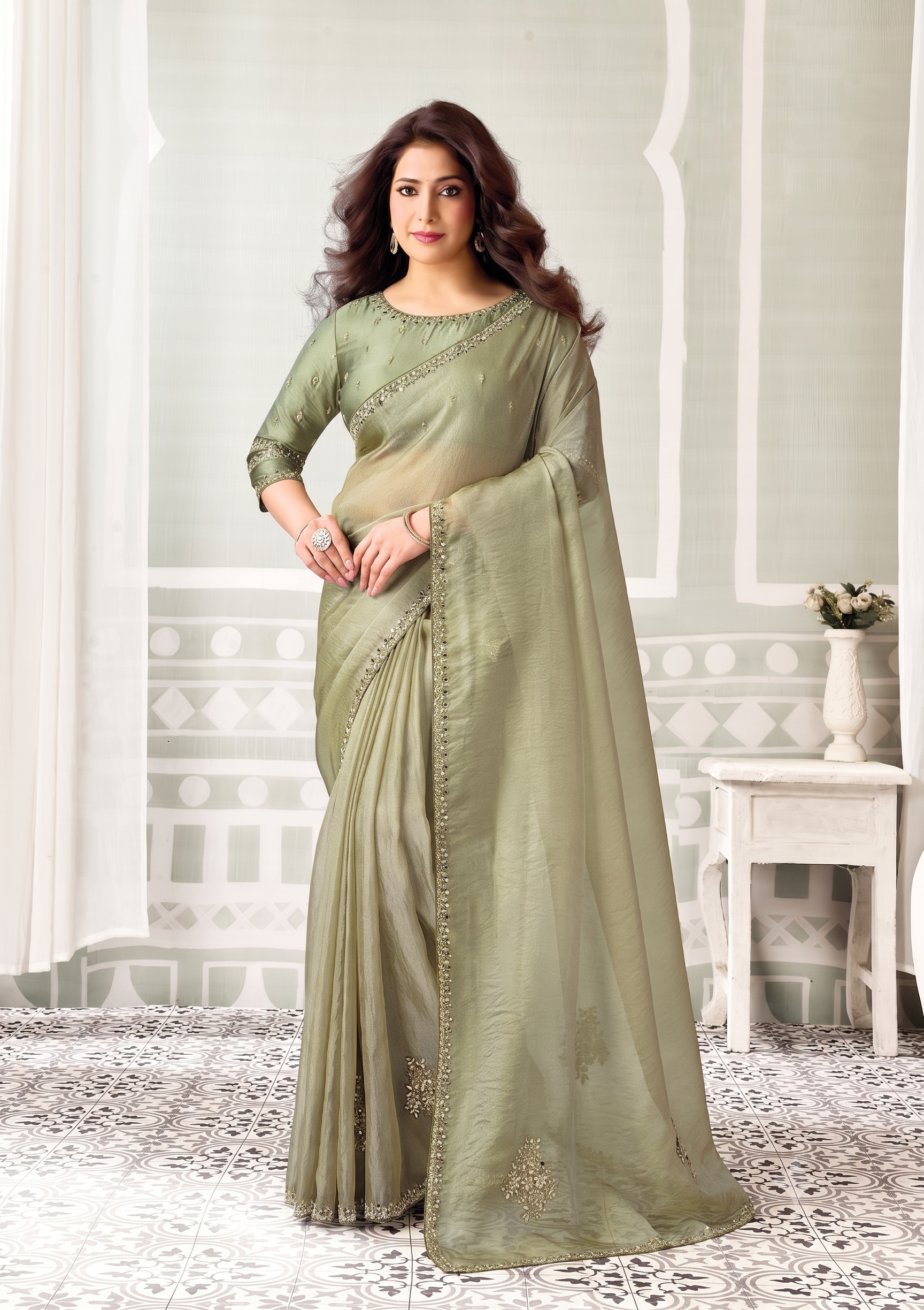 Sage Green Embellished Organza Satin Silk Saree