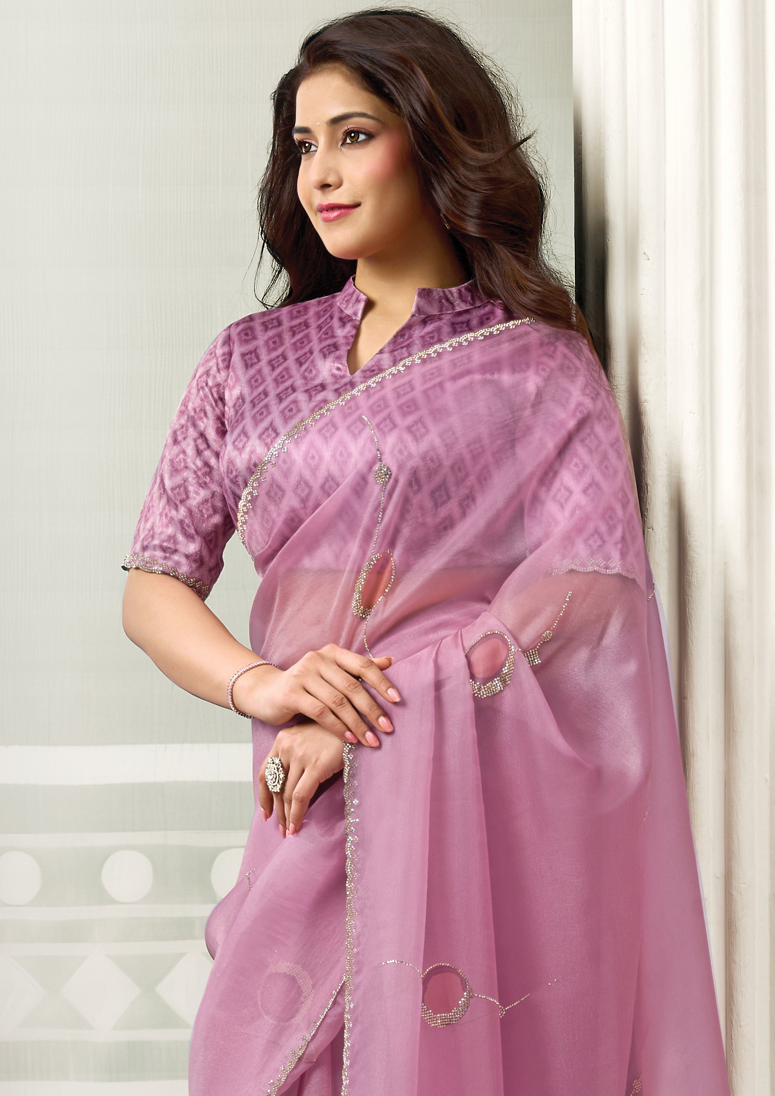 Ballet Pink Embellished Organza Tissue Silk Saree