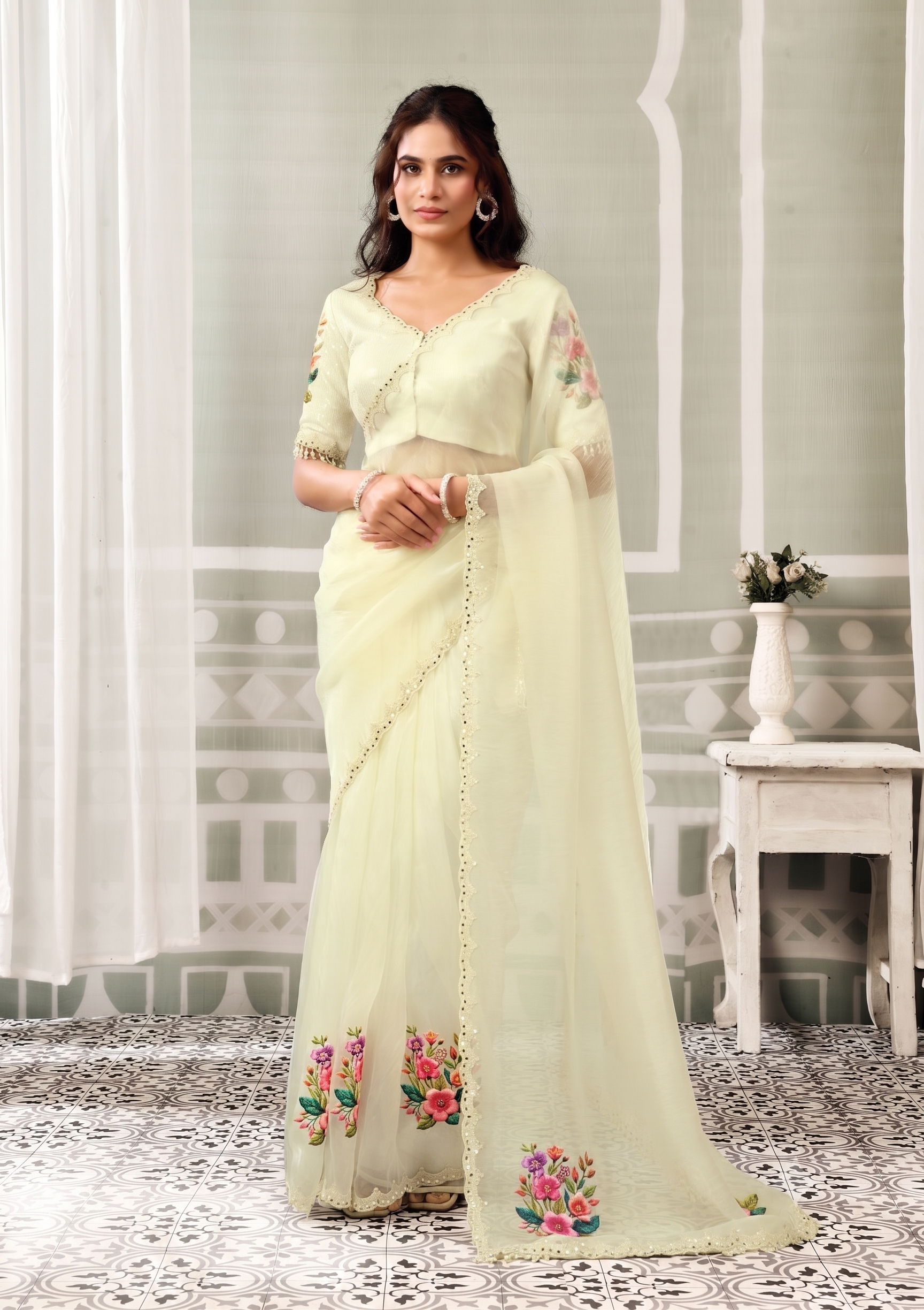 Yellow Pastel Embellished Organza Satin Silk Saree