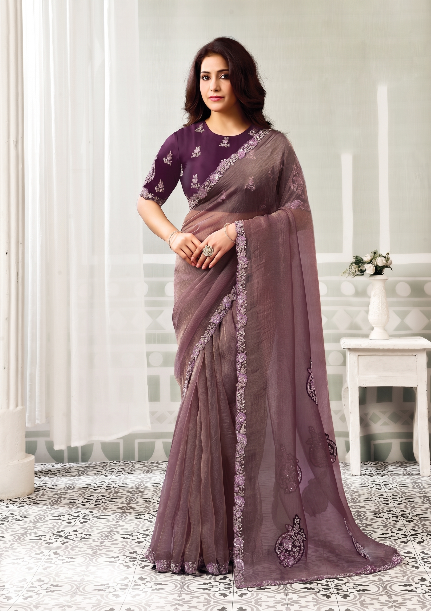 Wine Royale Embellished Organza Tissue Silk Saree