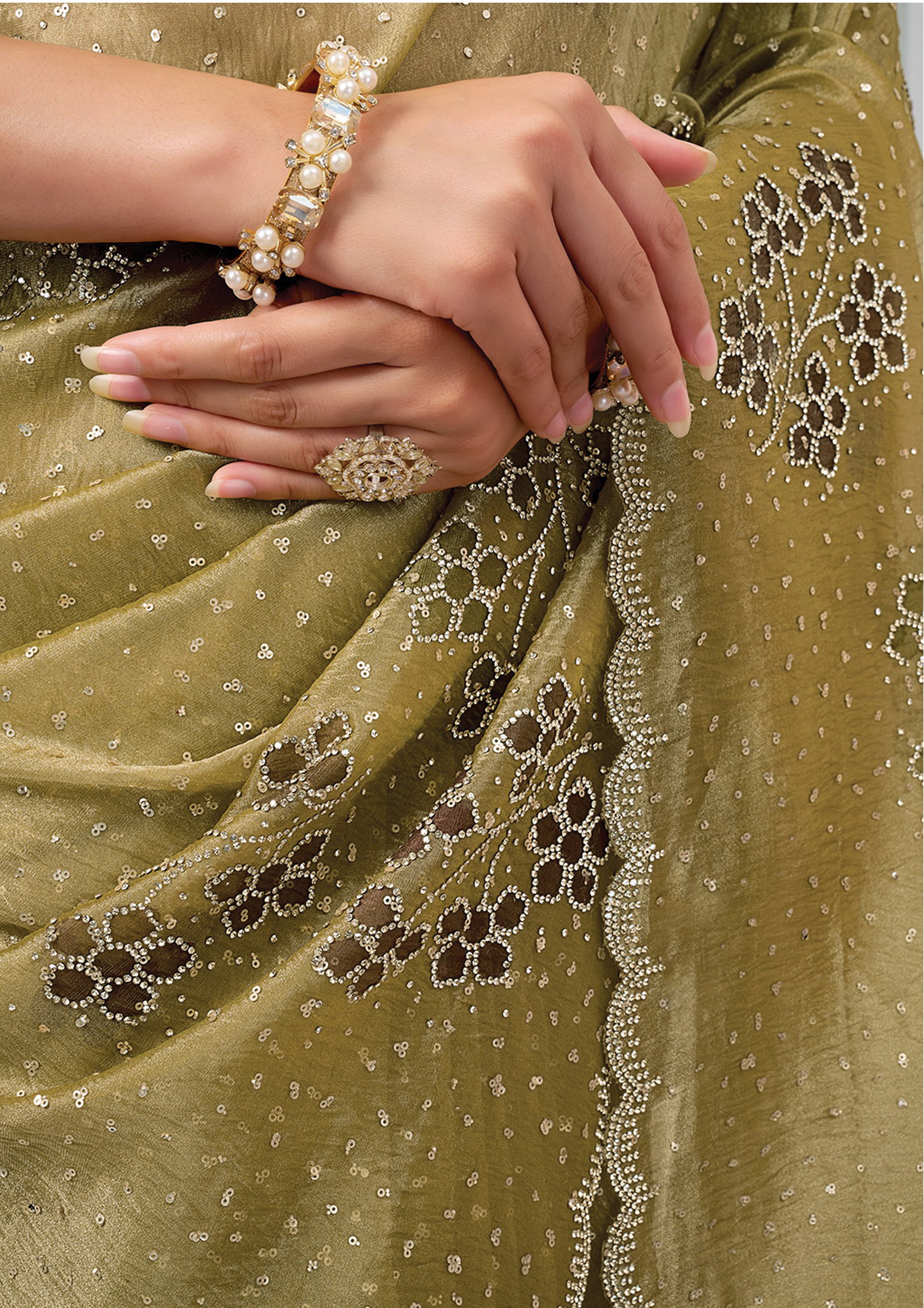 Olive Green Embellished Crushed Tissue Silk Saree