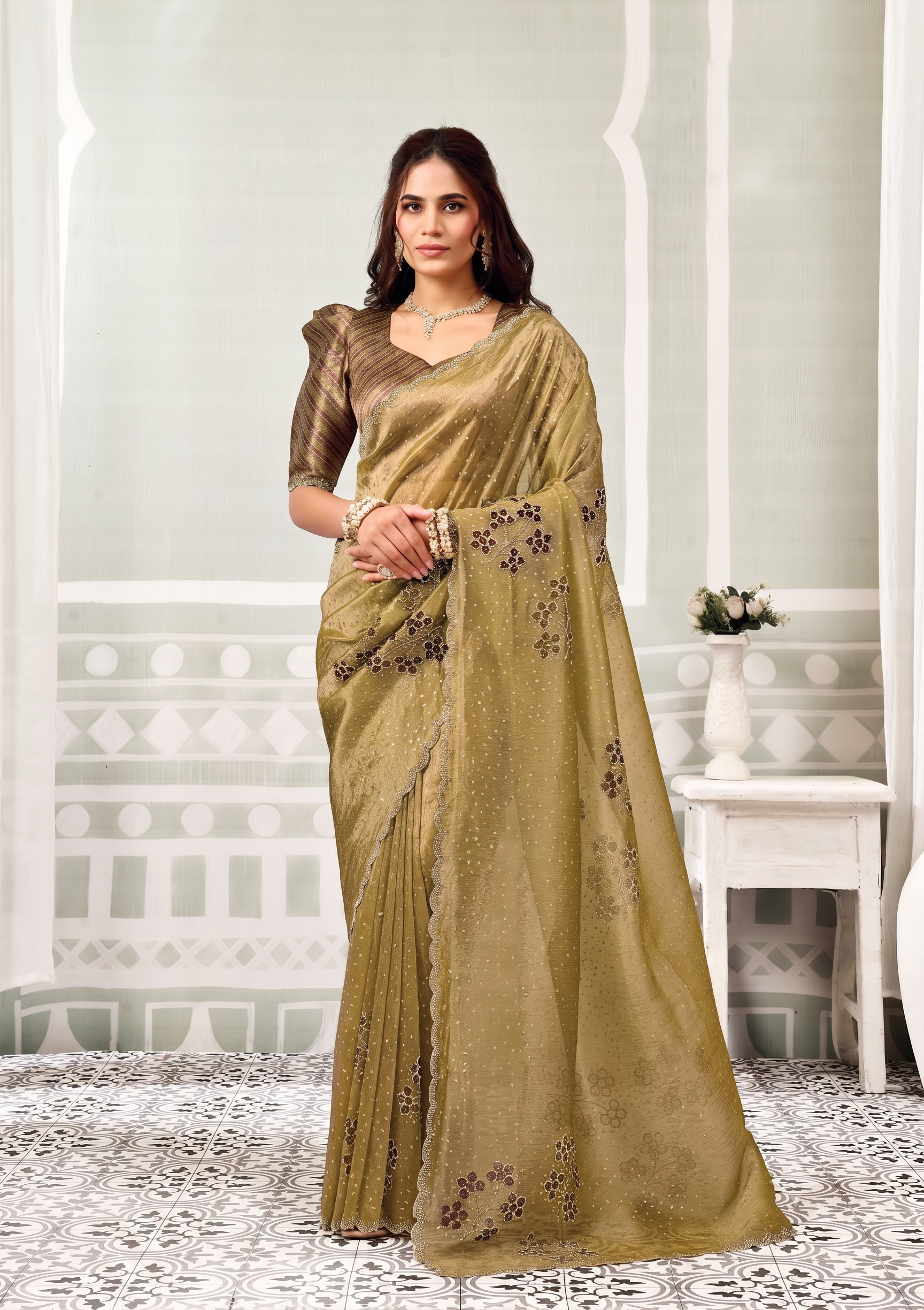 Olive Green Embellished Crushed Tissue Silk Saree