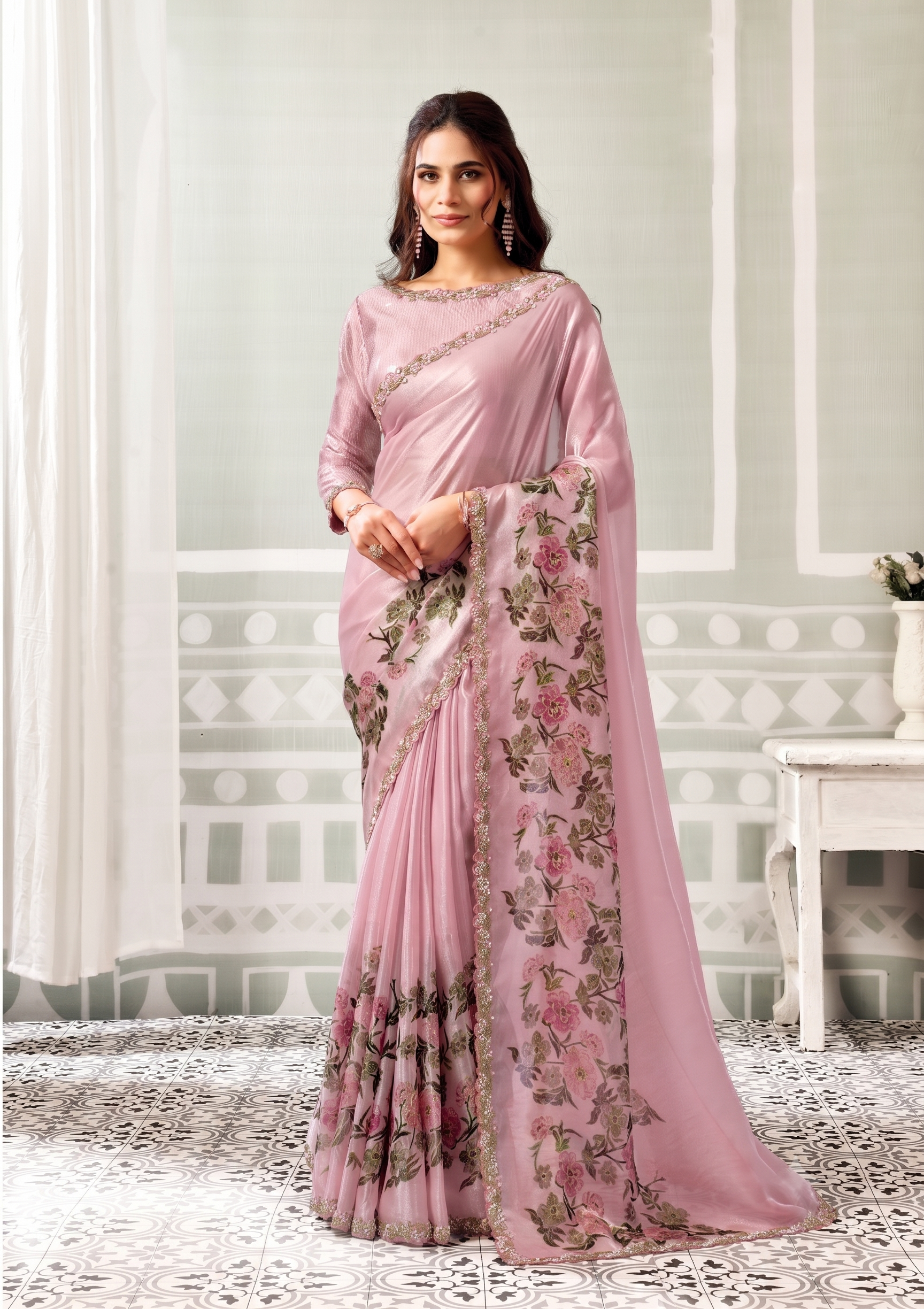 Pink Petal Blush Embellished Satin Silk Saree