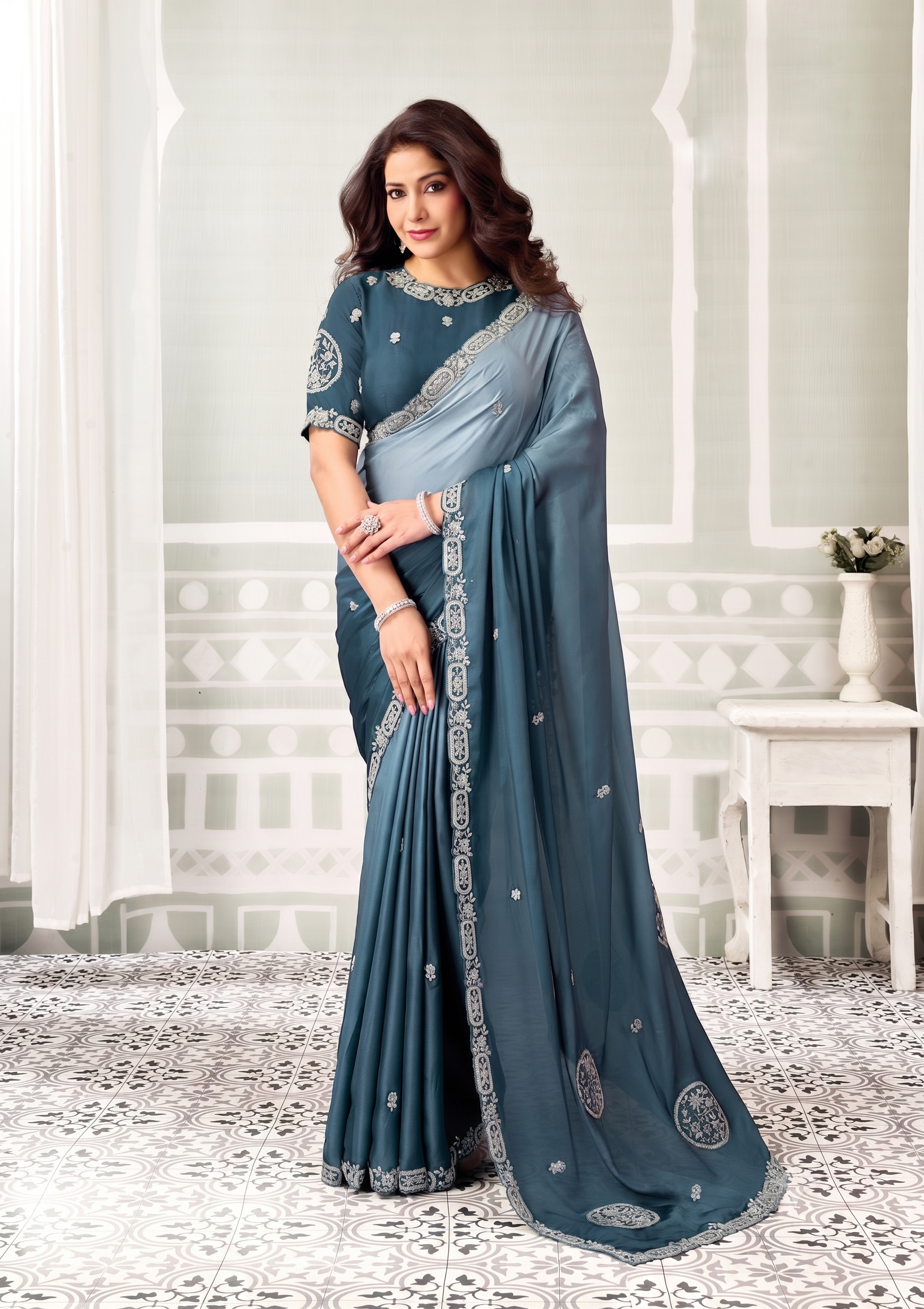 Peacock Ombre Embellished Satin Silk Saree