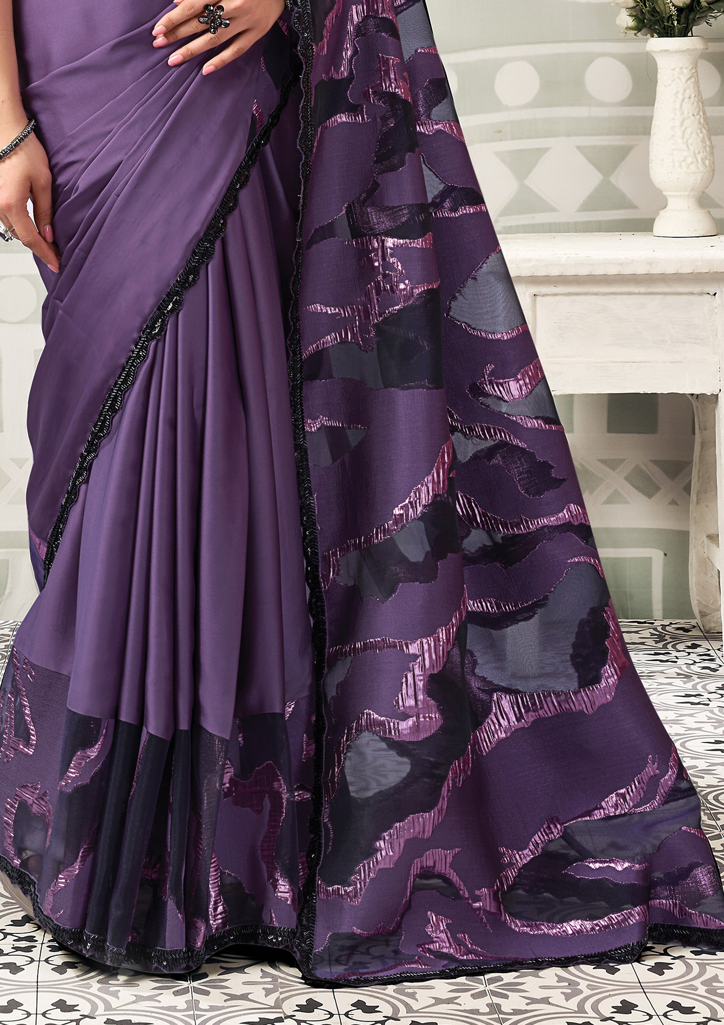 Purple Crown Embellished Satin Silk Saree