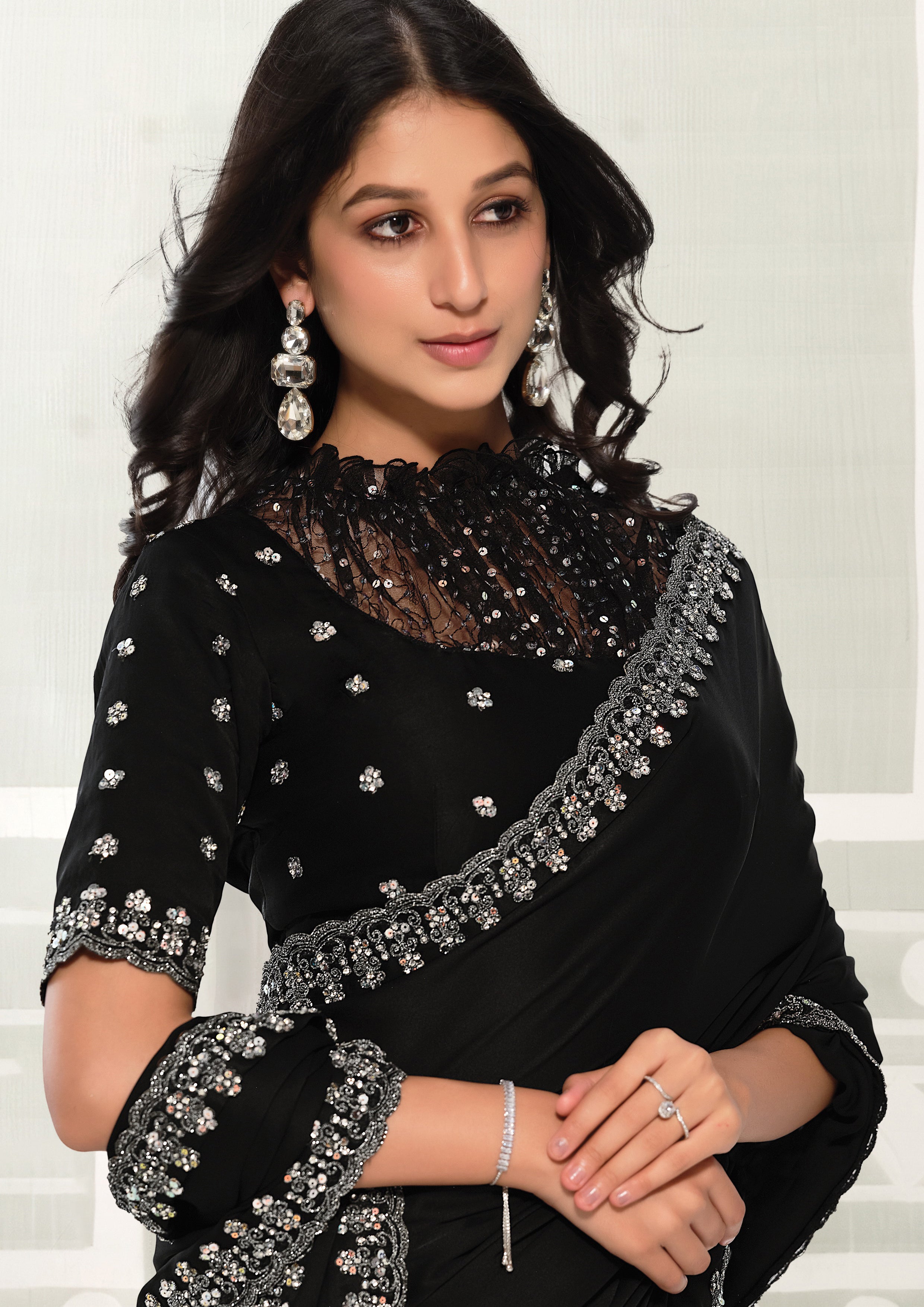 Onyx Luxe Embellished Crepe Satin Silk Saree