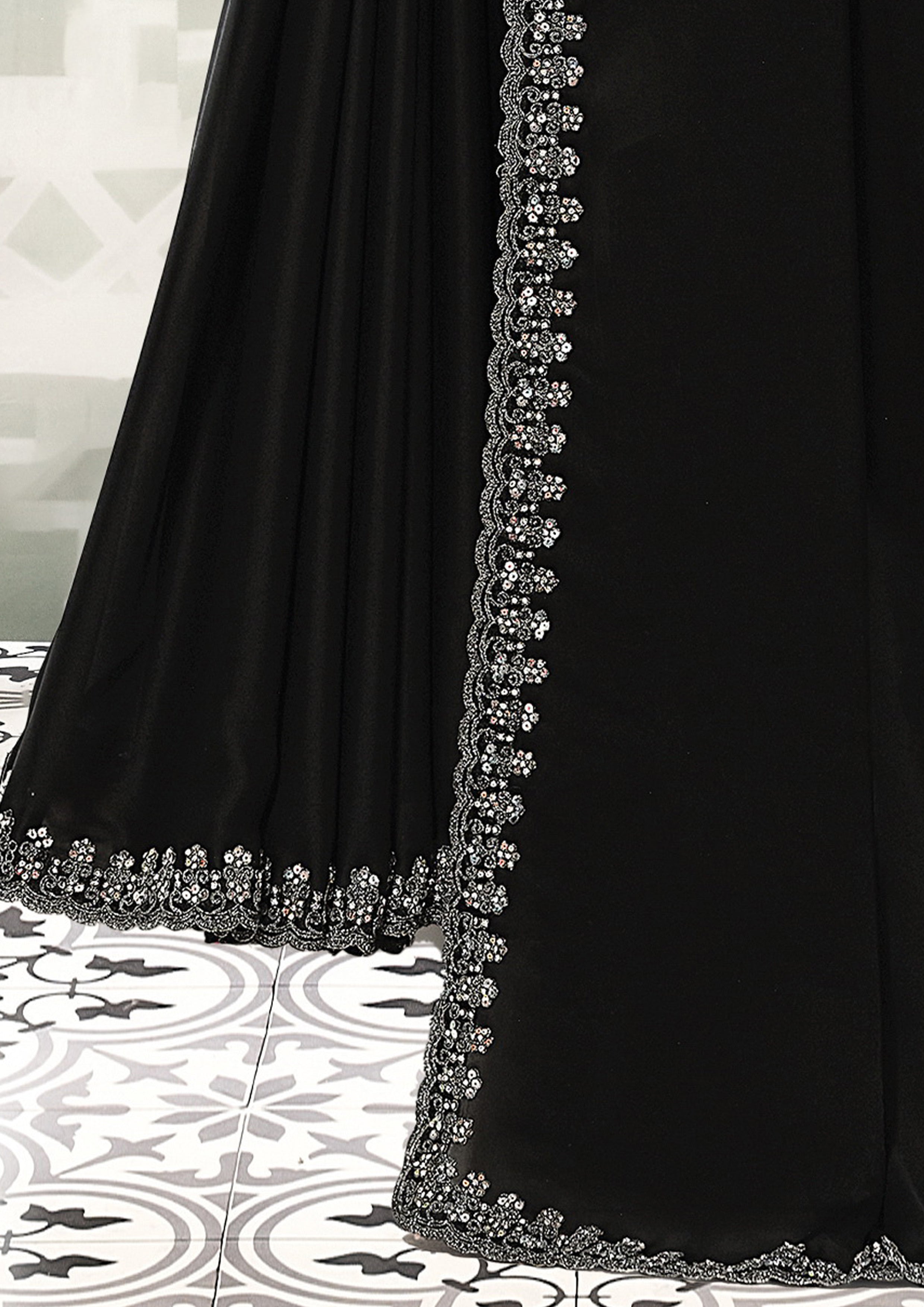 Onyx Luxe Embellished Crepe Satin Silk Saree