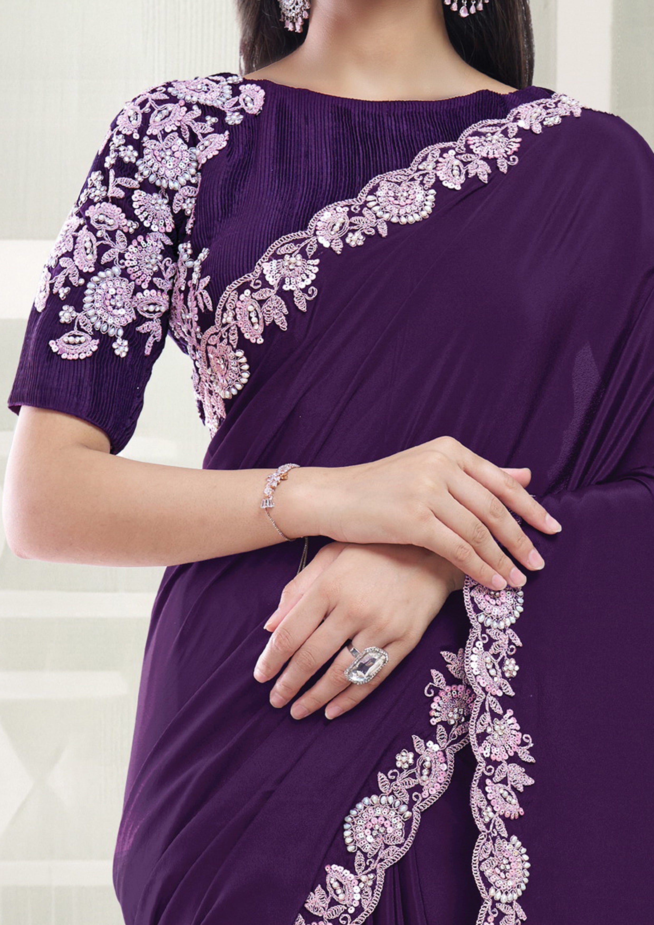 Purple Majestic Embellished Crepe Silk Saree