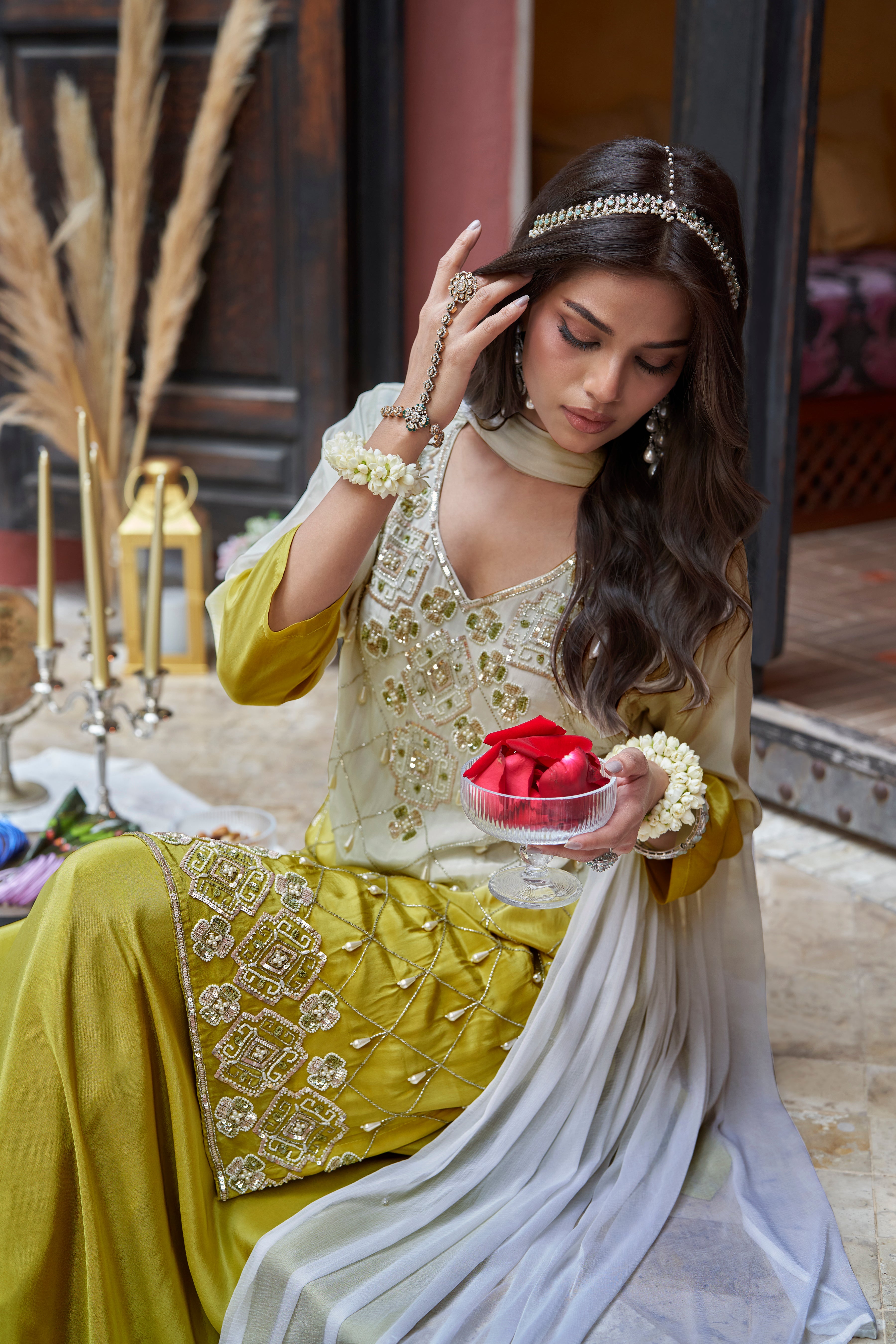 Olive Green Embellished Satin Silk Palazzo Set
