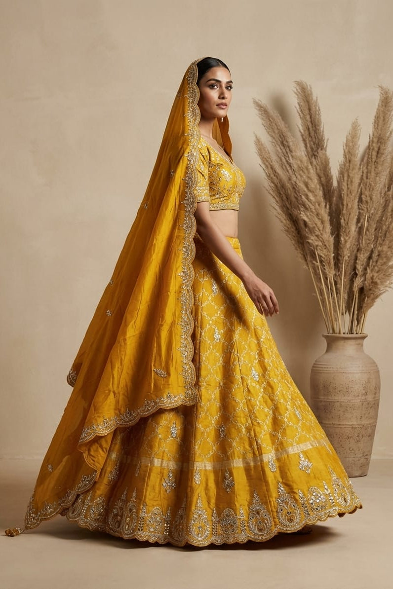 Honey Mustard Embellished Premium Silk Lehenga Set
