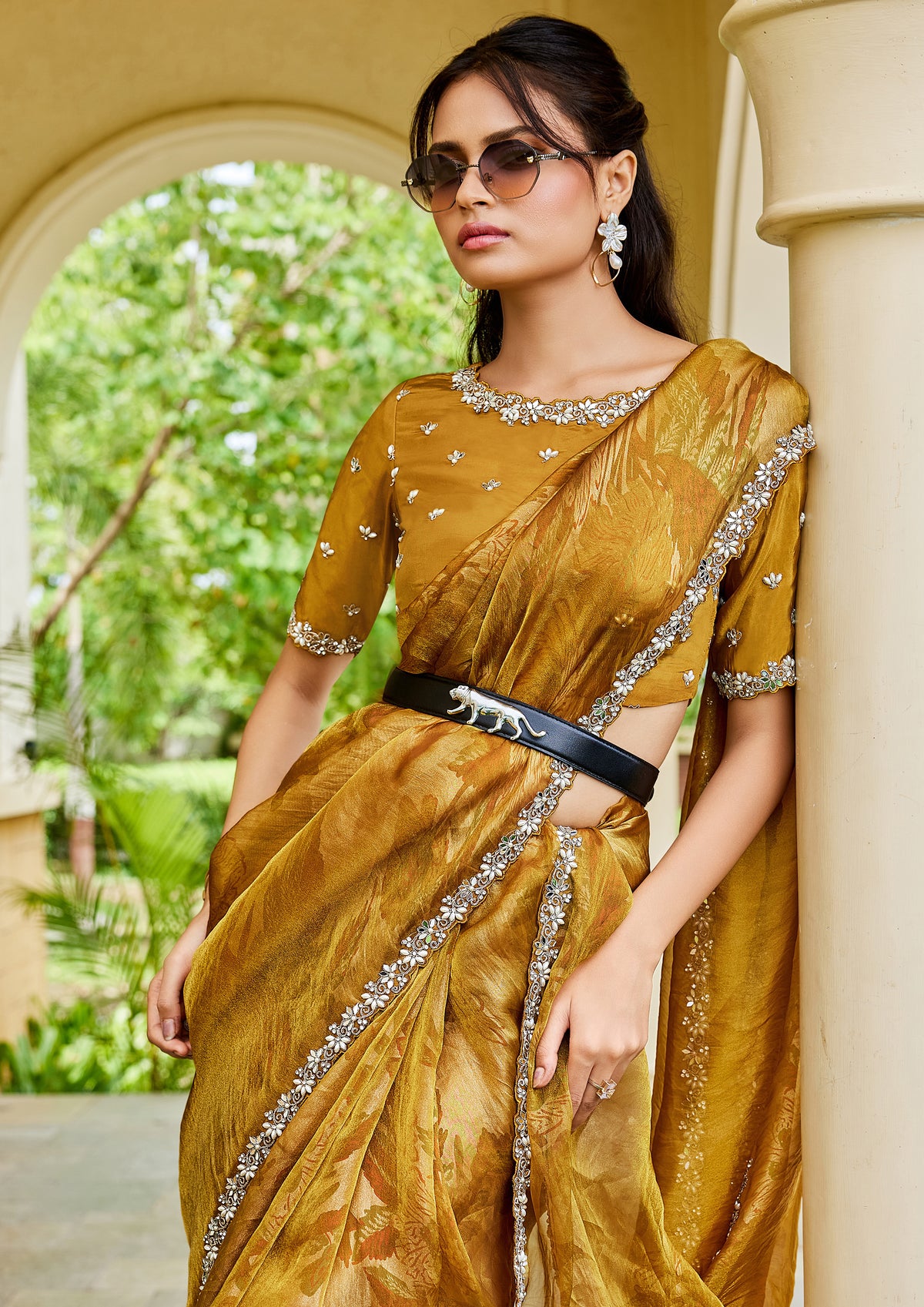 Golden Mustard Embellished Satin Silk Saree