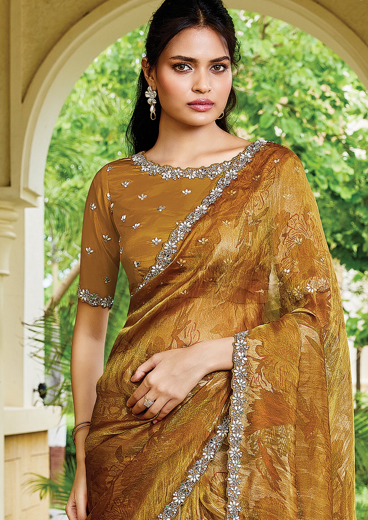 Golden Mustard Embellished Satin Silk Saree